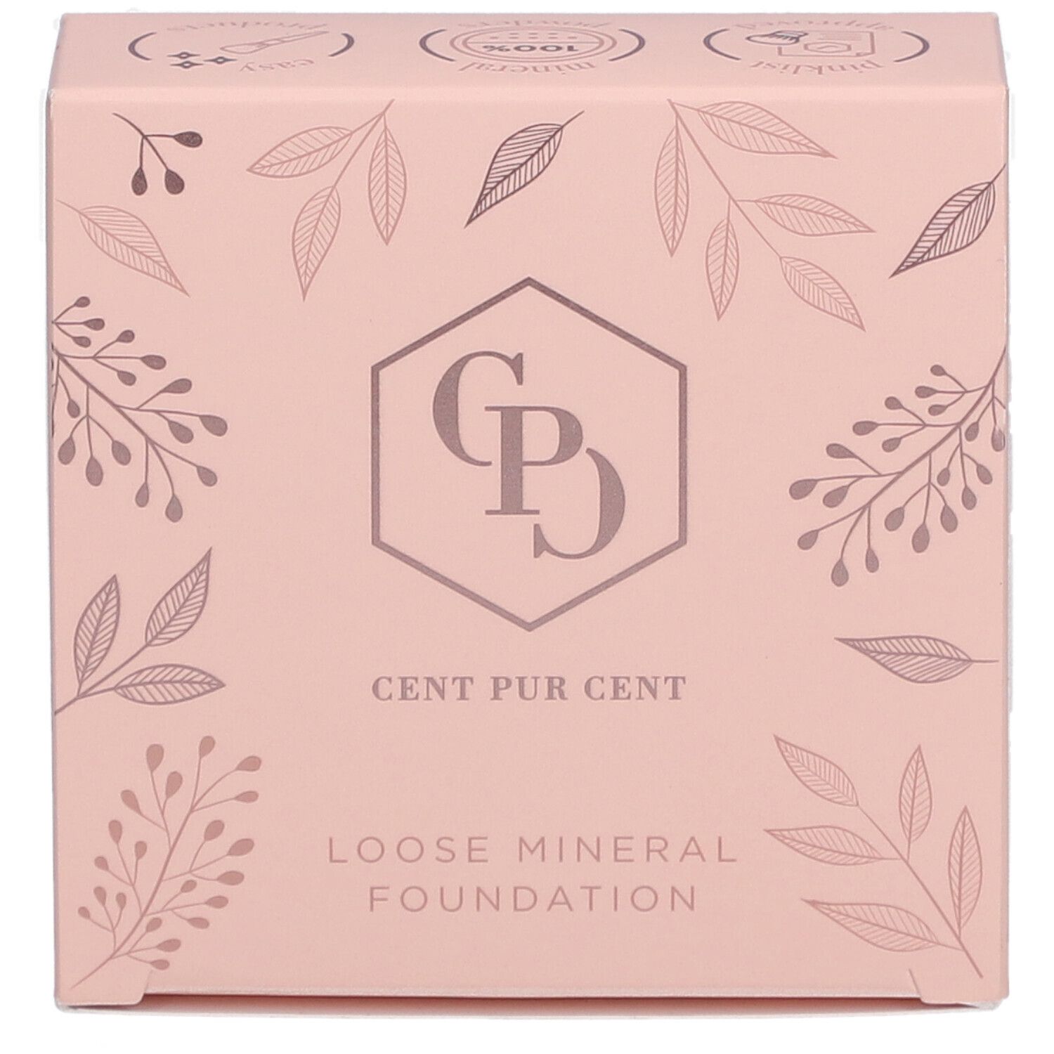 Rosa Verpackung mit floralen Motiven. Logo und Schriftzug: Cent Pur Cent Loose Mineral Foundation.