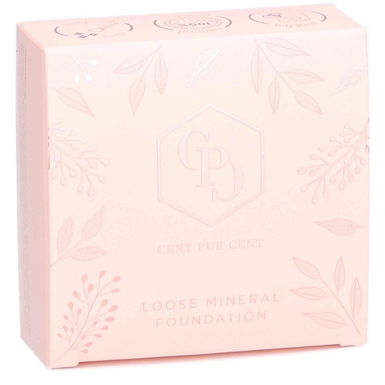 Rosa Verpackung mit floralen Motiven. Logo und Schriftzug: Cent Pur Cent Loose Mineral Foundation.