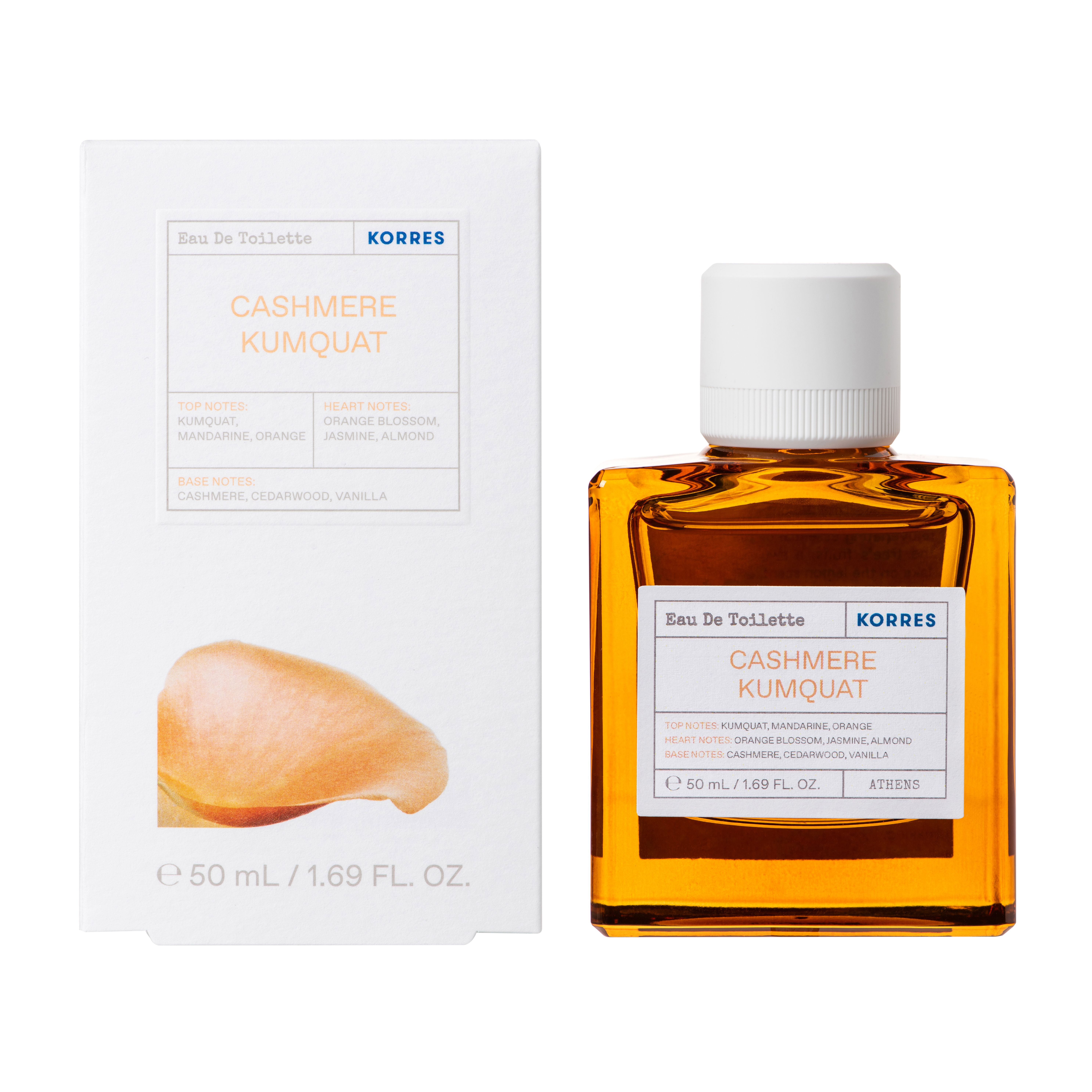 Korres Eau de Toilette Kasjmier-Kumquat. Fles en verpakking. Vierkante, amberkleurige fles. Witte verpakking met productnaam.