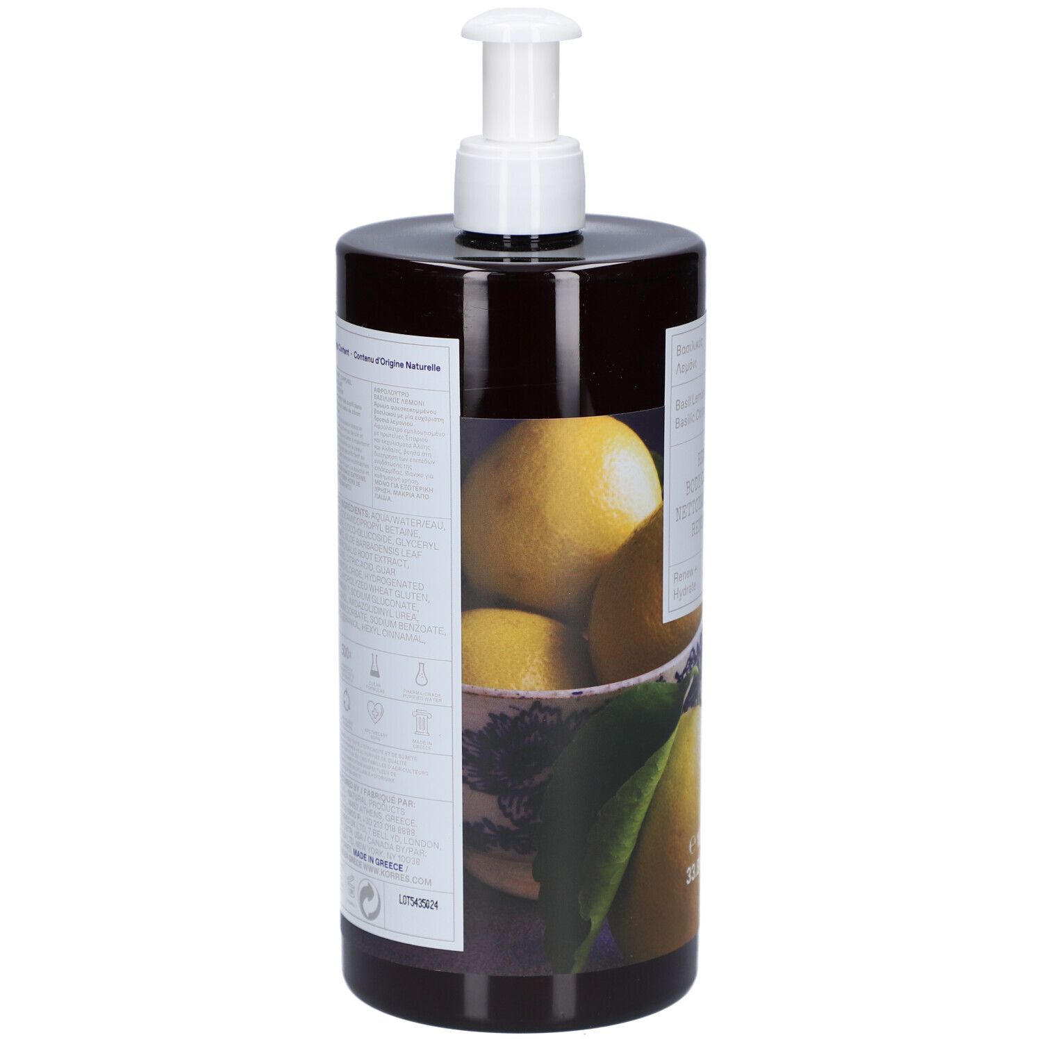Duschgel-Flasche mit Spender. Rückseite mit Text und Informationen. Abbildung von Zitronen.