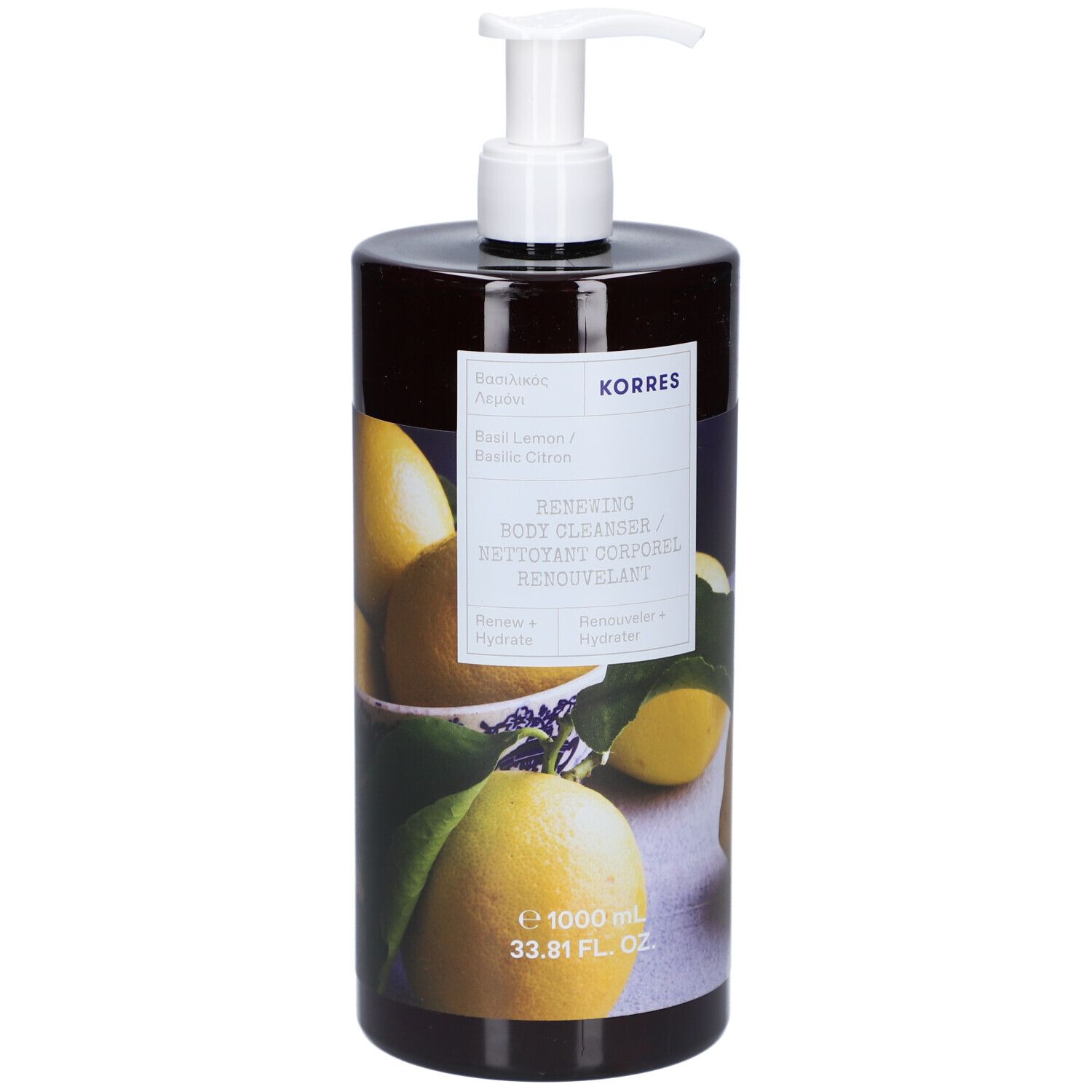 Duschgel-Flasche mit Spender. Aufdruck: KORRES, Basil Lemon. Abbildung von Zitronen. Volumen: 1000 ml.