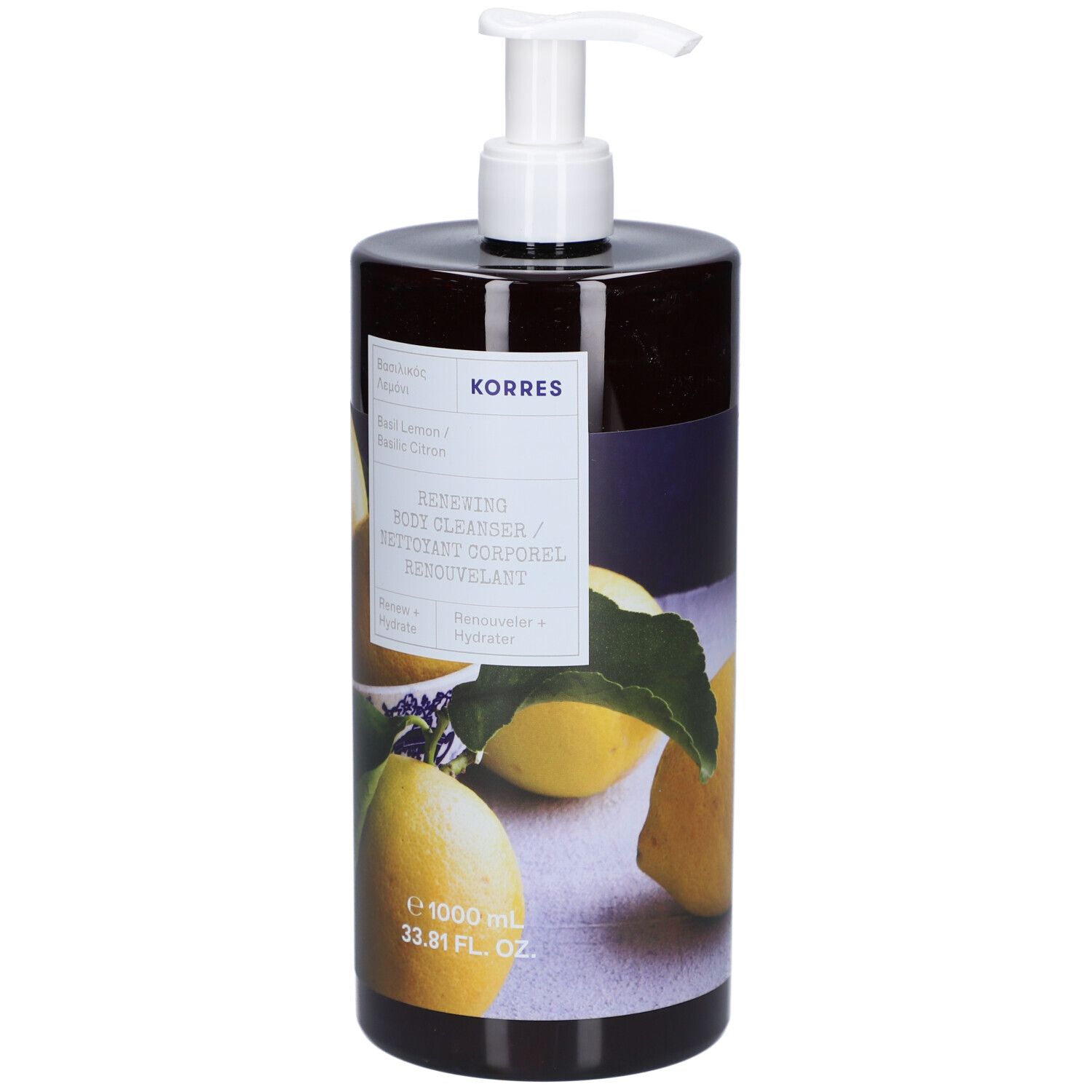 Duschgel-Flasche mit Spender. Aufdruck: KORRES, Basil Lemon. Abbildung von Zitronen. Volumen: 1000 ml.