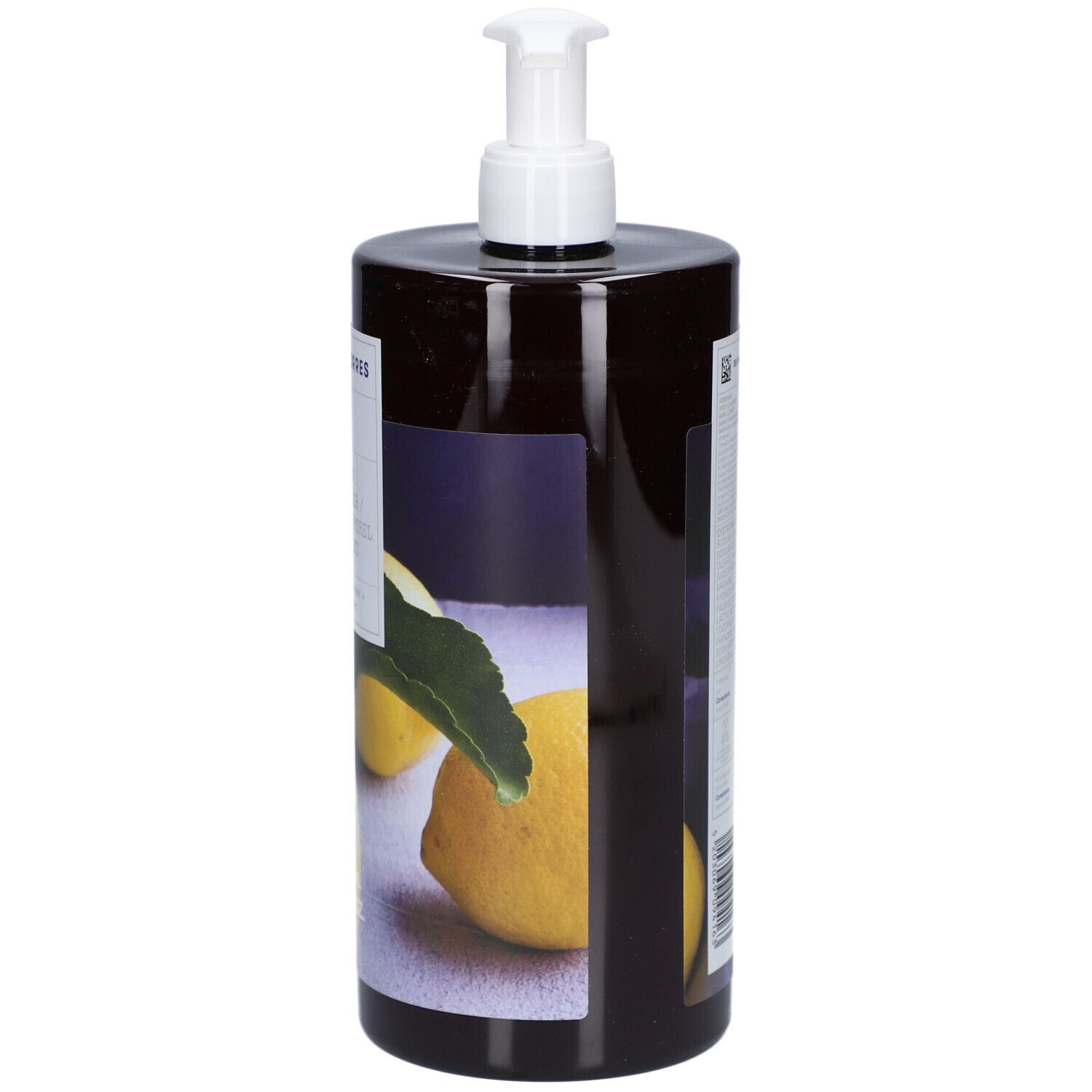Duschgel-Flasche mit Spender. Rückseite mit Text und Informationen. Abbildung von Zitronen.