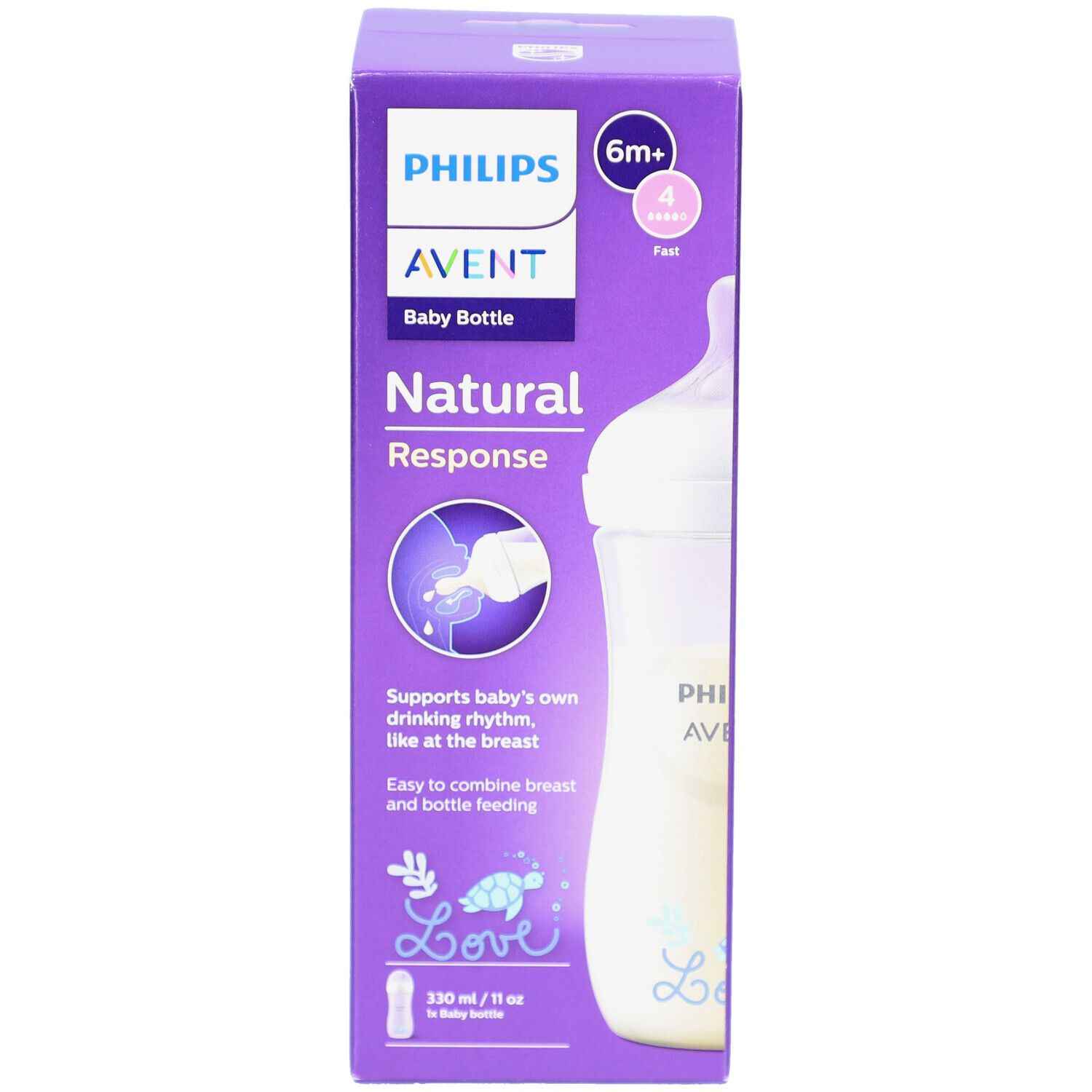 Philips Avent Babyflasche in der Verpackung. Flasche mit Milch, weißem Deckel. 6m+ und 4 Tropfen.