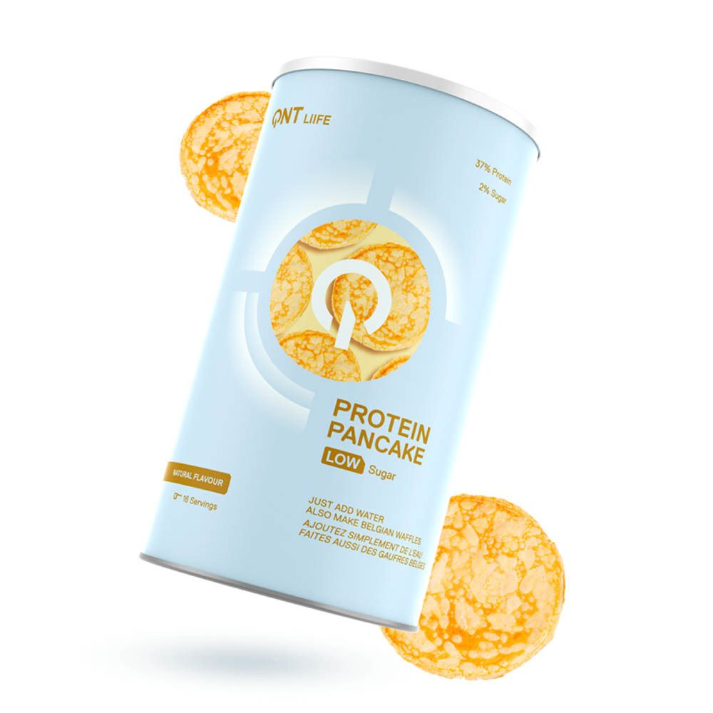 Boîte cylindrique QNT Life Protein Pancake, faible en sucre, avec crêpes. Inscription: 57% protéines, 2% sucre. Goût naturel. 16 portions.