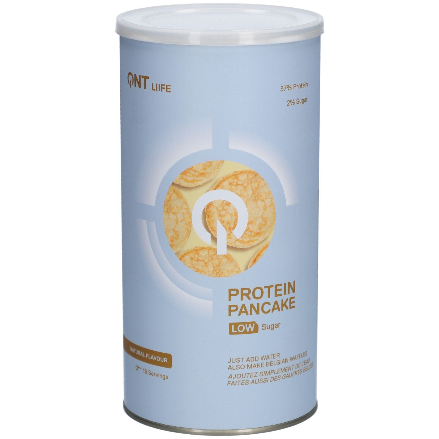 Boîte cylindrique QNT Life Protein Pancake, faible en sucre. Inscription: 57% protéines, 2% sucre. Goût naturel. 16 portions.