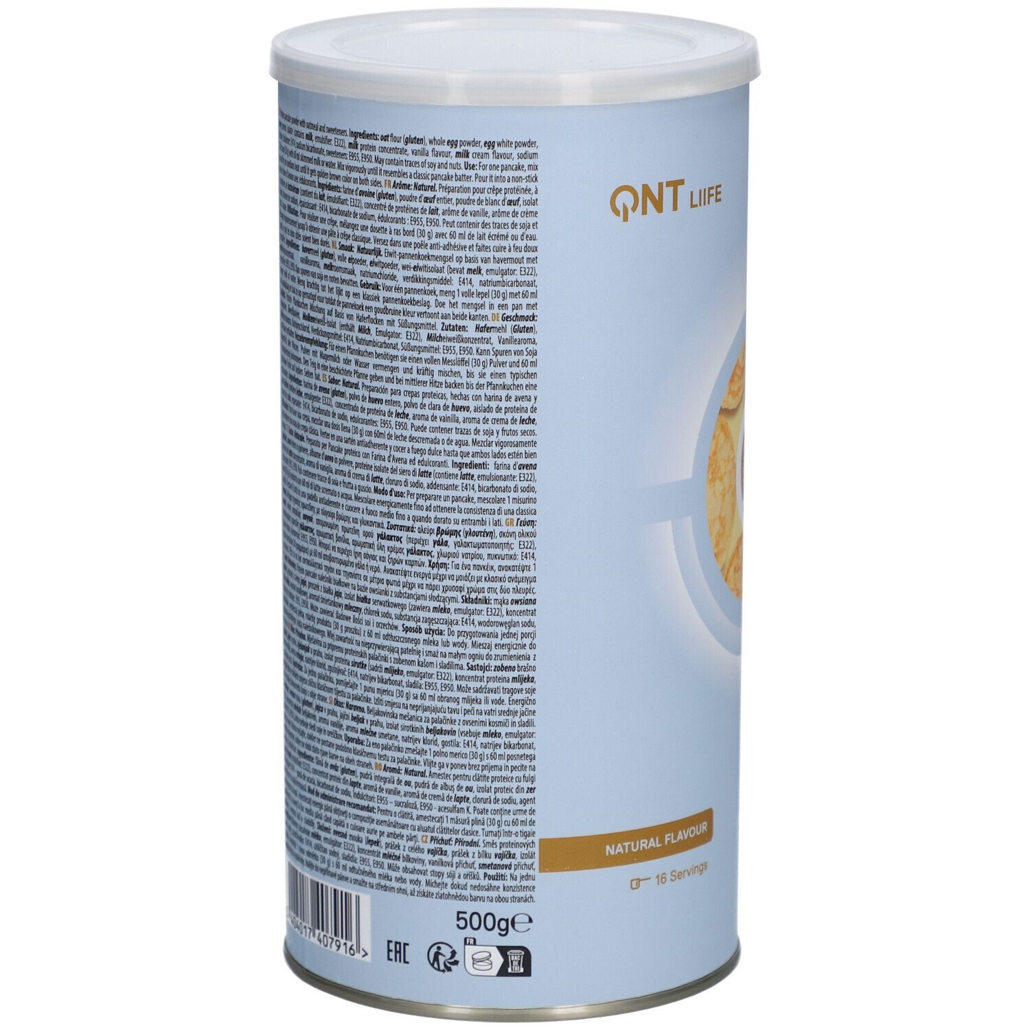Boîte cylindrique QNT Life Protein Pancake. Dos avec texte en plusieurs langues. Goût naturel. 500g. 16 portions.