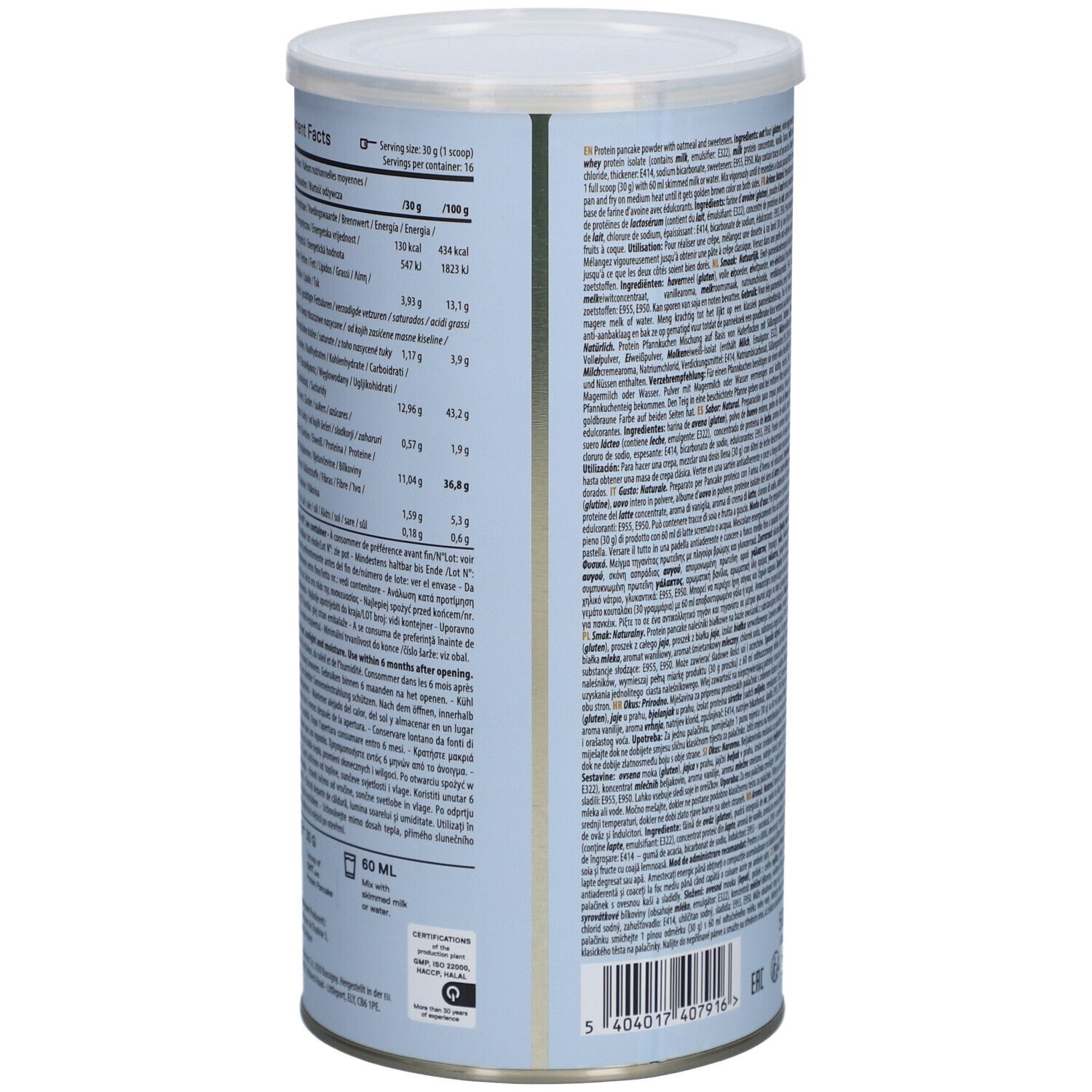 Boîte cylindrique QNT Life Protein Pancake. Dos avec informations nutritionnelles. 500g. 16 portions. 30g par portion.