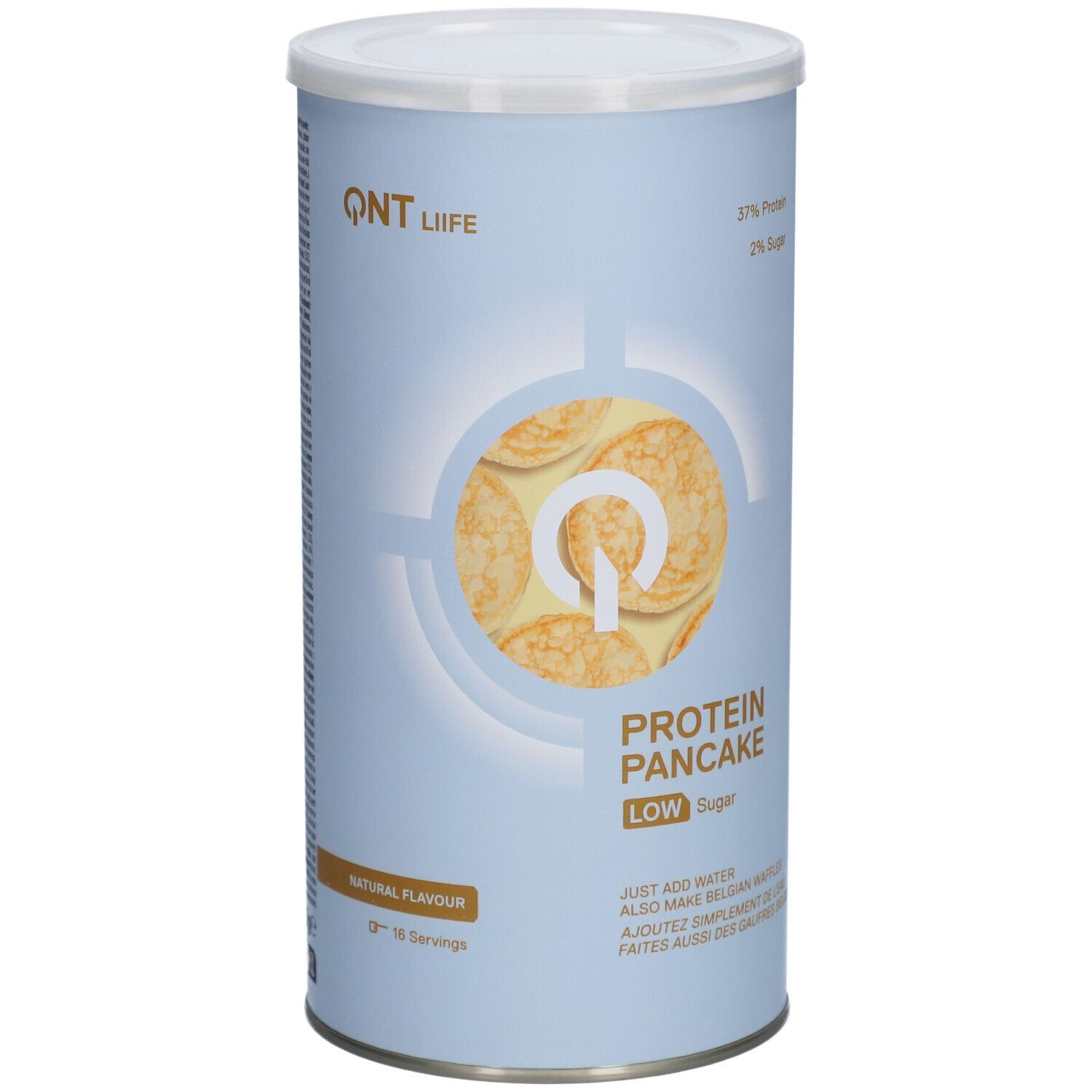 Boîte cylindrique QNT Life Protein Pancake, faible en sucre. Inscription: 57% protéines, 2% sucre. Goût naturel. 16 portions.
