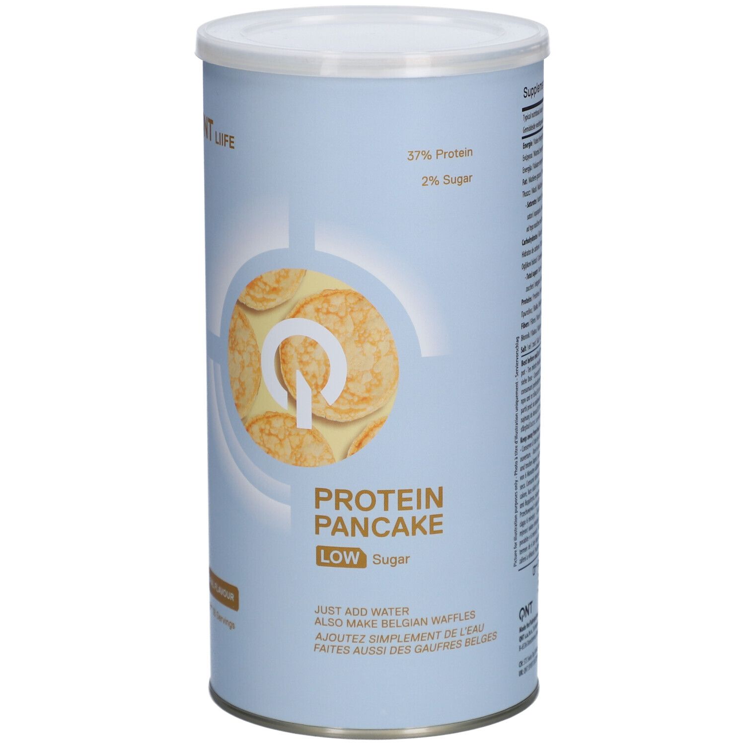 Boîte cylindrique QNT Life Protein Pancake, faible en sucre. Inscription: 57% protéines, 2% sucre. Goût naturel. 16 portions.