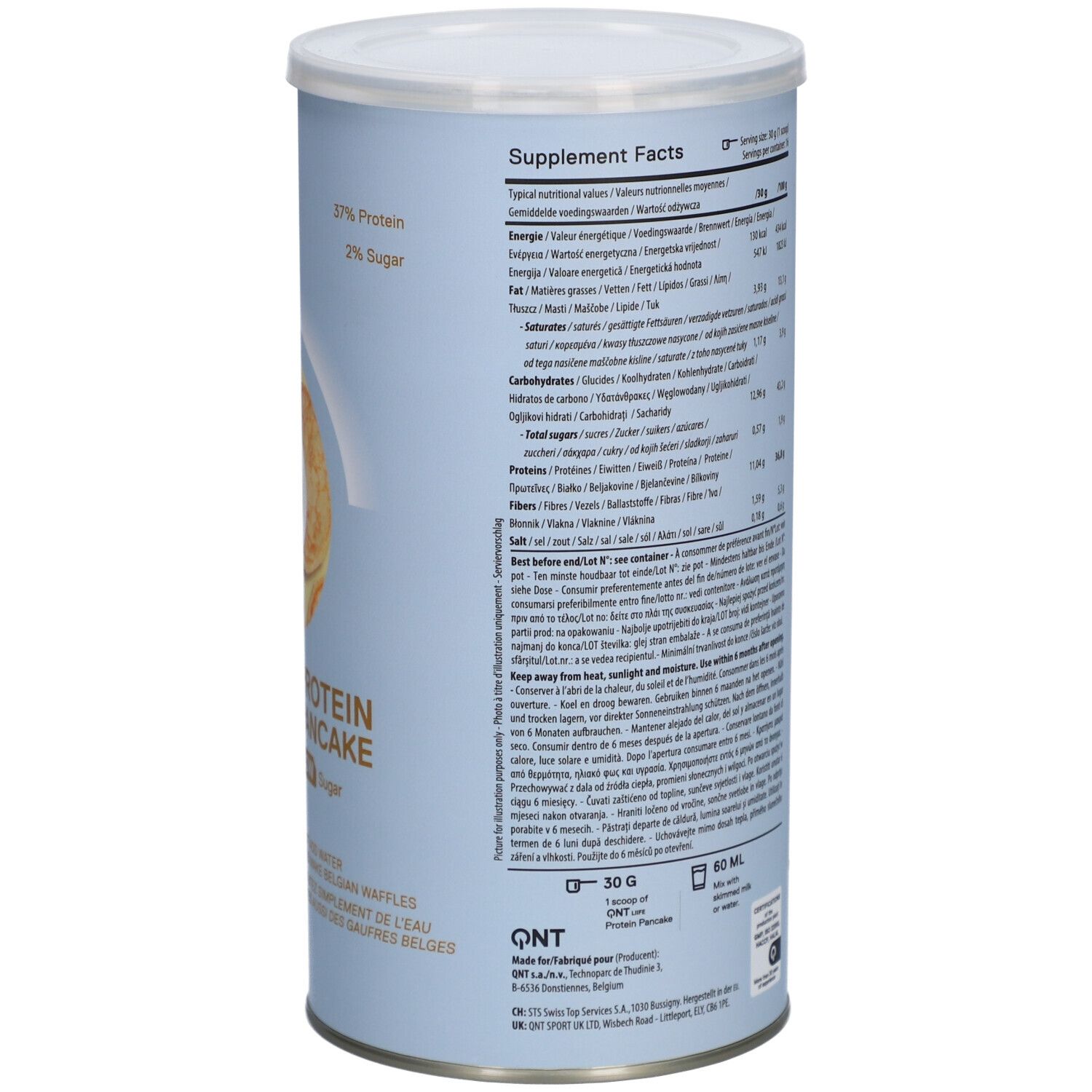 Boîte cylindrique QNT Life Protein Pancake. Dos avec informations nutritionnelles. 500g. 16 portions. 30g par portion.