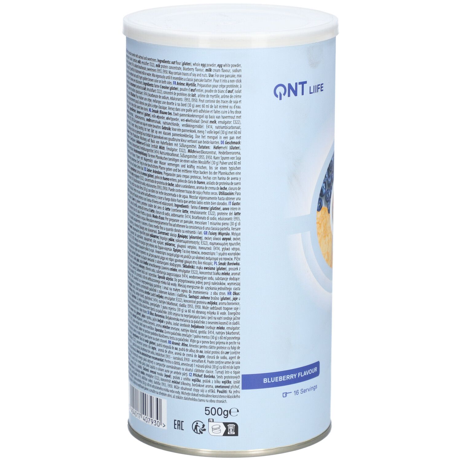 Rückseite der Dose QNT Life Protein Pancake. Textliche Informationen, Zutatenliste, Nährwertangaben, und Herstellerinformationen.