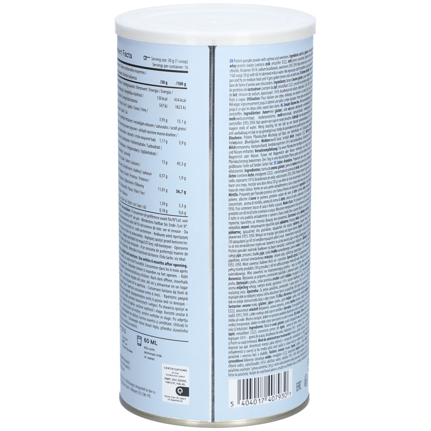 Rückseite der Dose QNT Life Protein Pancake. Nährwertangaben, Zutatenliste, und Herstellerinformationen. 500g, 16 Portionen.