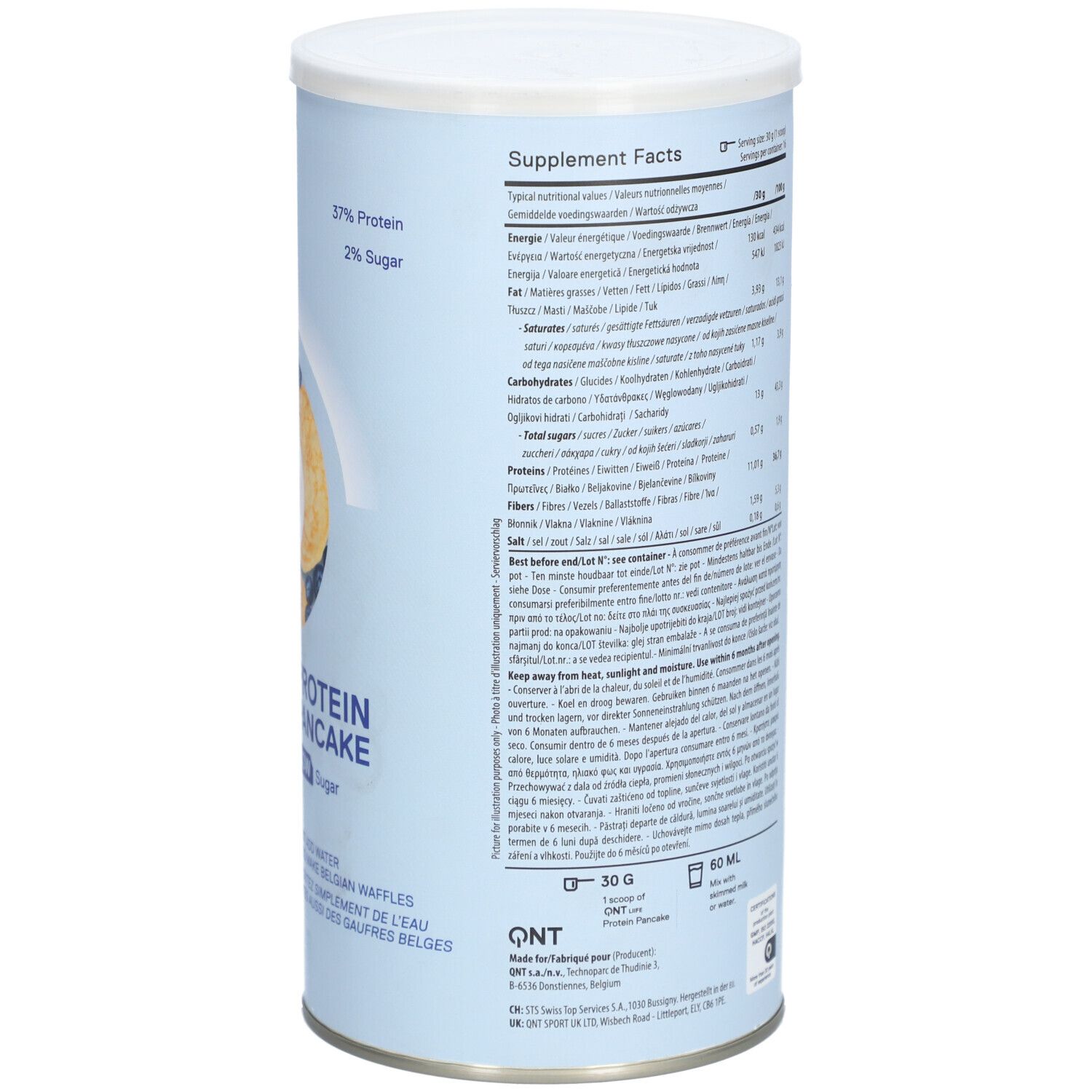 Rückseite der Dose QNT Life Protein Pancake. Nährwertangaben, Zutatenliste, und Herstellerinformationen. 30g Portion, 60ml Wasser.
