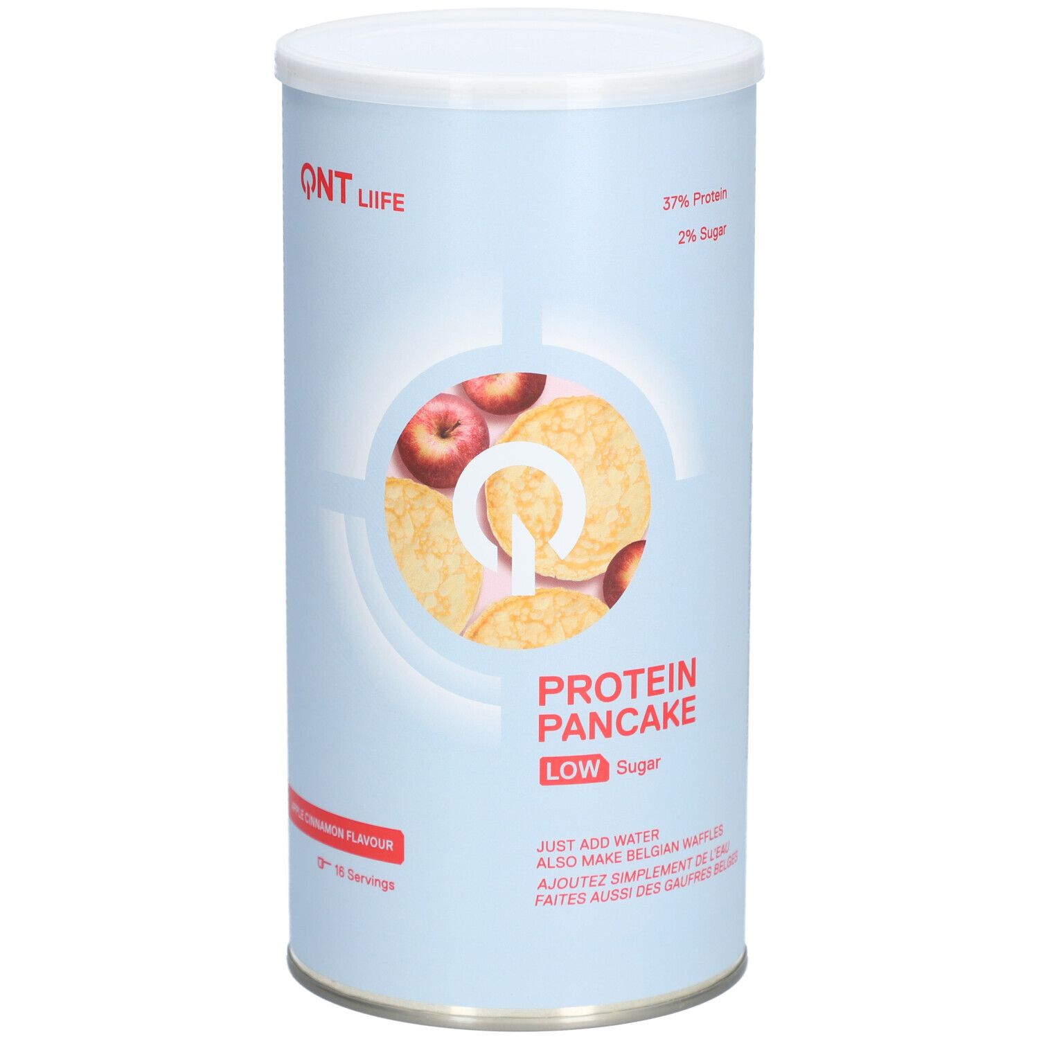 Boîte cylindrique avec logo QNT et nom du produit. Illustration de crêpes et de pommes. Texte : Protein Pancake, Low Sugar, saveur pomme-cannelle.