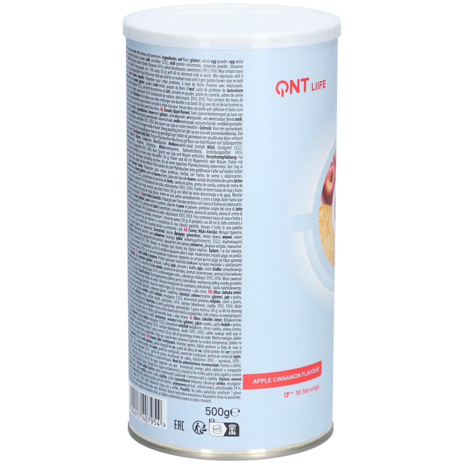 Dos de la boîte avec texte. Contient des informations sur les ingrédients, la valeur nutritionnelle et les instructions de préparation. Saveur pomme-cannelle, 16 portions, 500g.