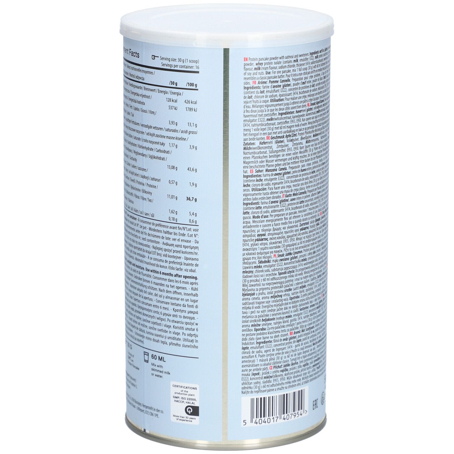 Boîte avec informations nutritionnelles et instructions de préparation. Contient des informations par portion. 50 ml, 30 g.