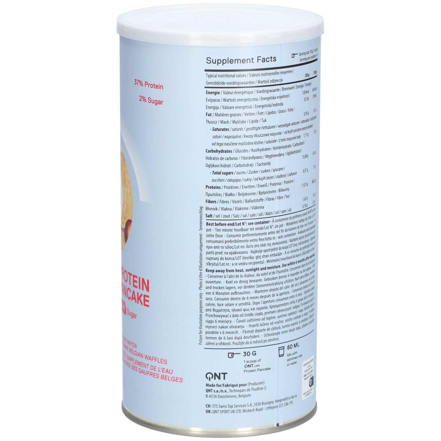 Boîte avec informations nutritionnelles et instructions de préparation. Contient des informations par portion. 30 g, 50 ml.