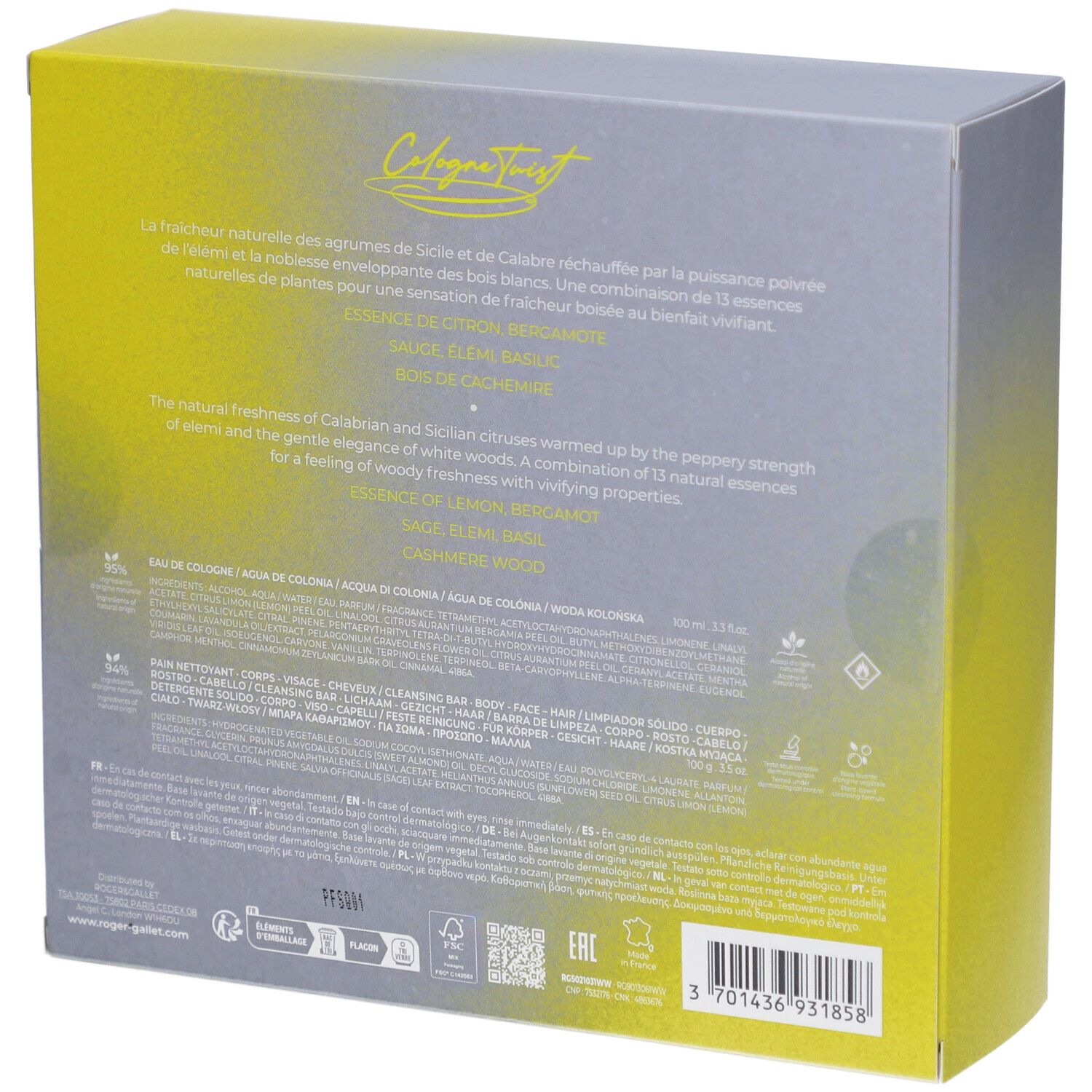 Rückseite der Geschenkset-Verpackung. Text und Logos auf grauem und gelbem Hintergrund.