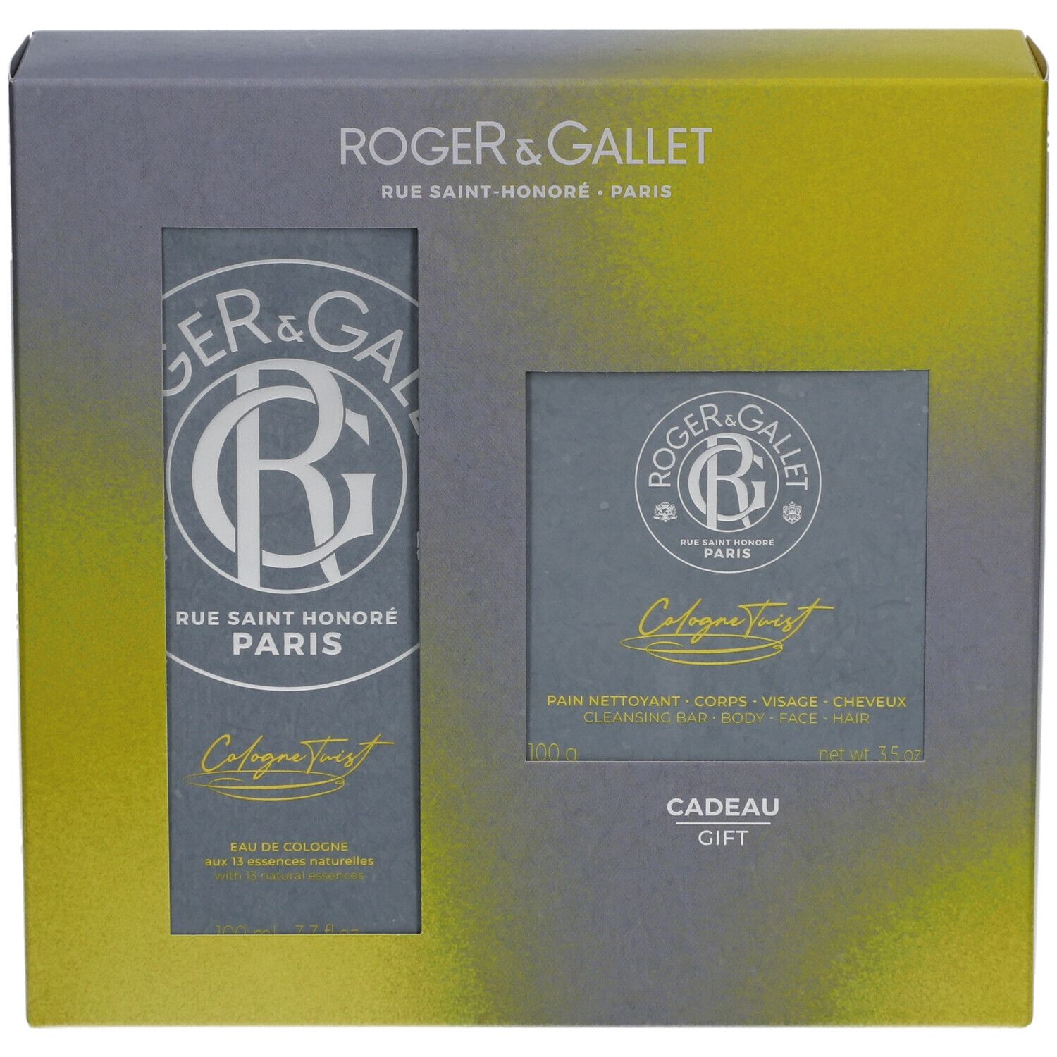 Geschenkset-Verpackung mit zwei Produkten. Graue und gelbe Farbgebung. Logo und Text auf der Vorderseite.