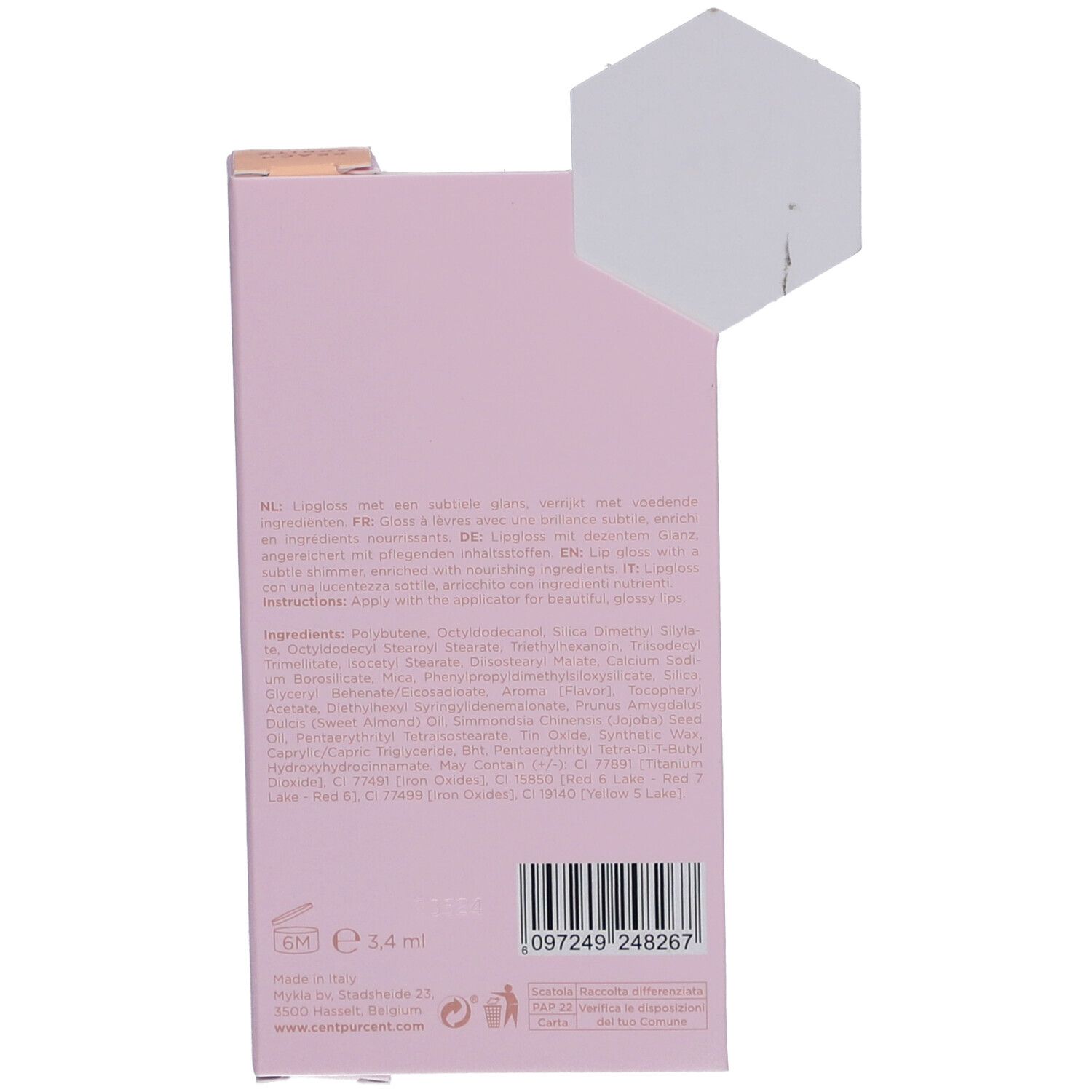 Rückseite der Lipgloss-Verpackung. Rosa Verpackung mit Text und Inhaltsstoffen. EAN-Code und Logo.