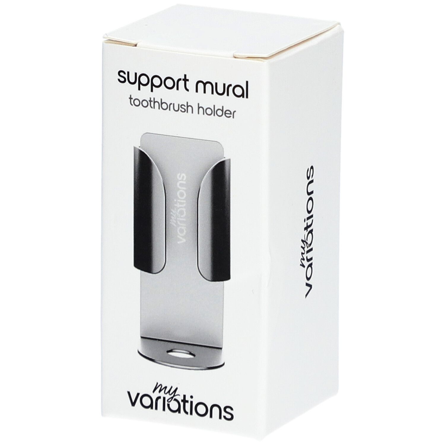 Zahnbürstenhalter in weißer Verpackung. Metallhalterung mit Logo. "MyVariations" Schriftzug.