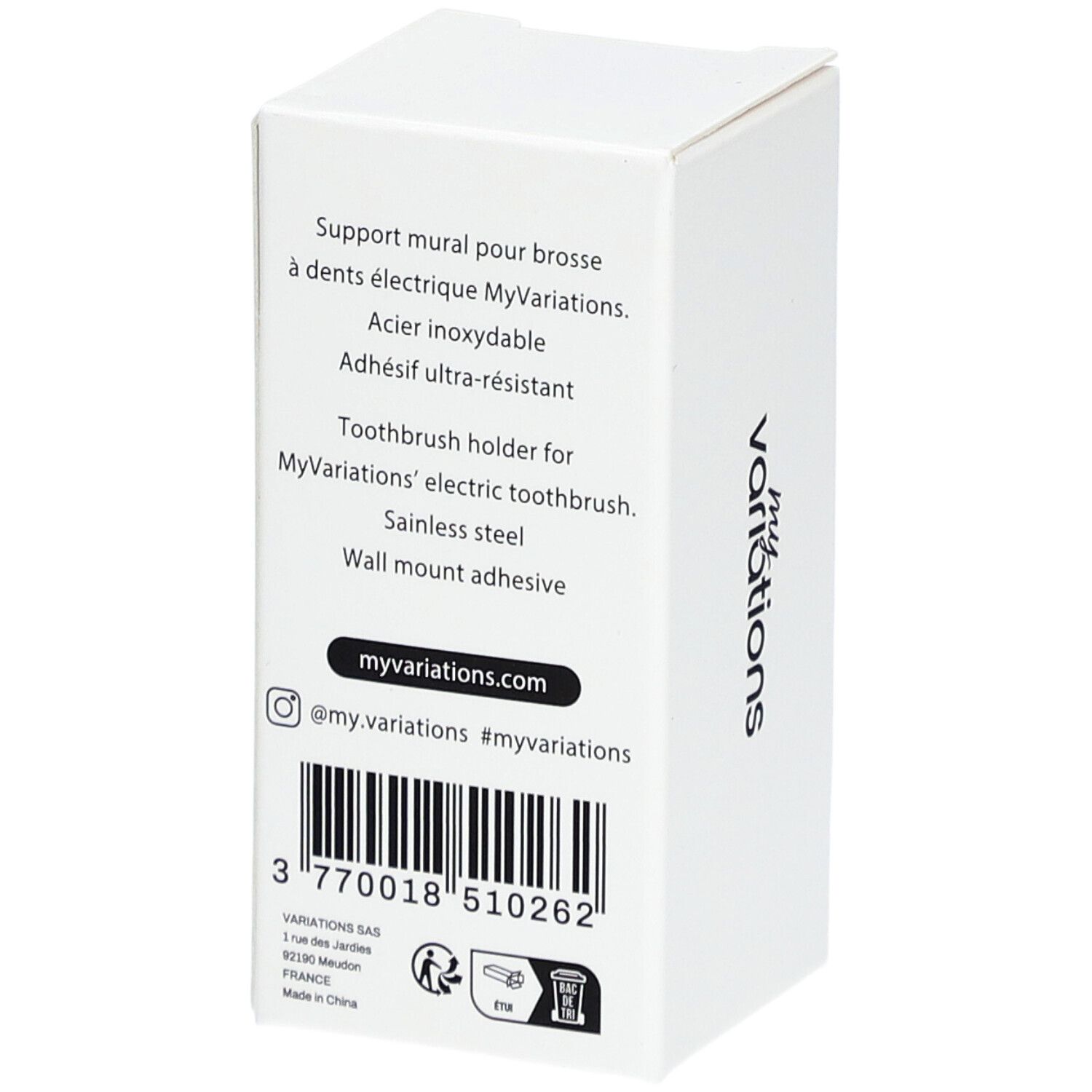 Rückseite der Verpackung. Produktinformationen in Französisch und Englisch. Barcode und Logo "MyVariations".