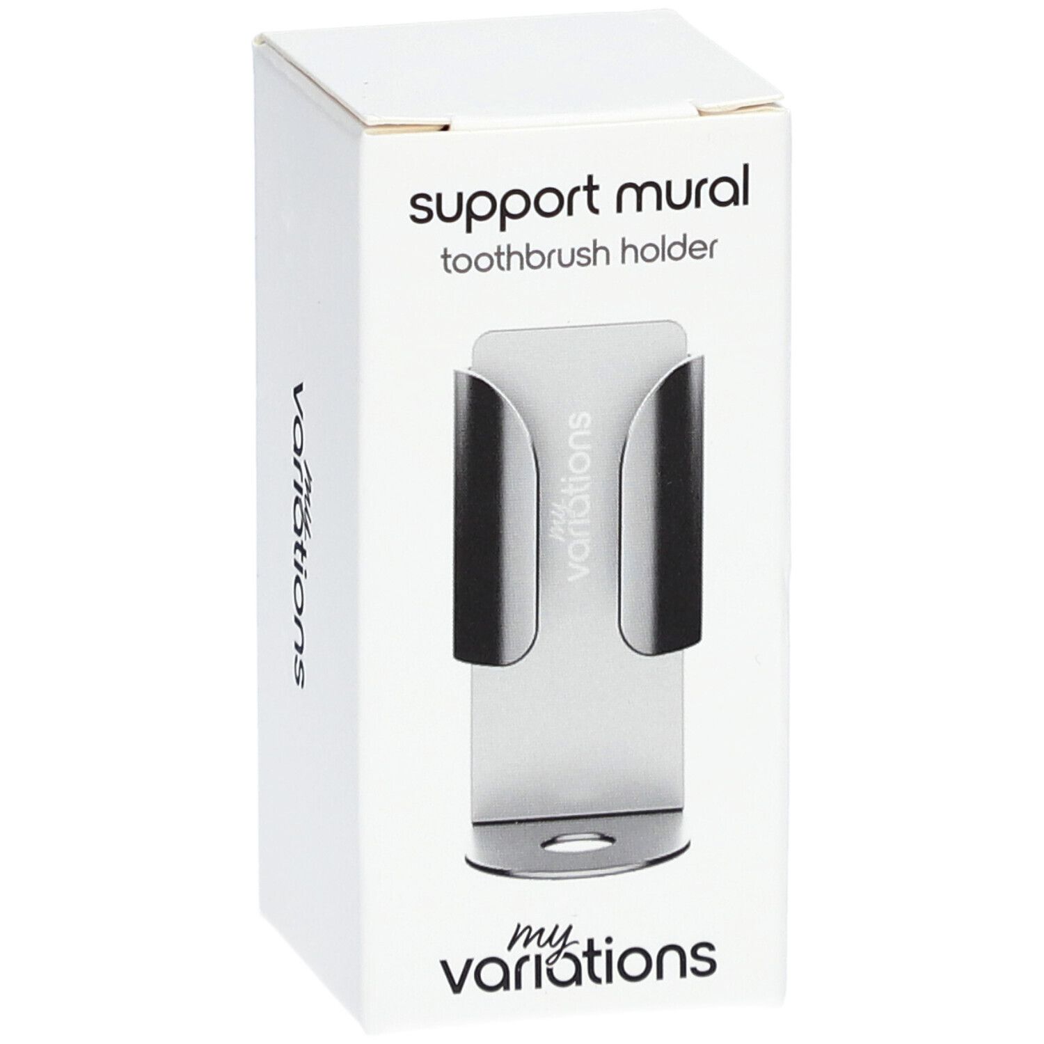 Zahnbürstenhalter in weißer Verpackung. Metallhalterung mit Logo. "MyVariations" Schriftzug.