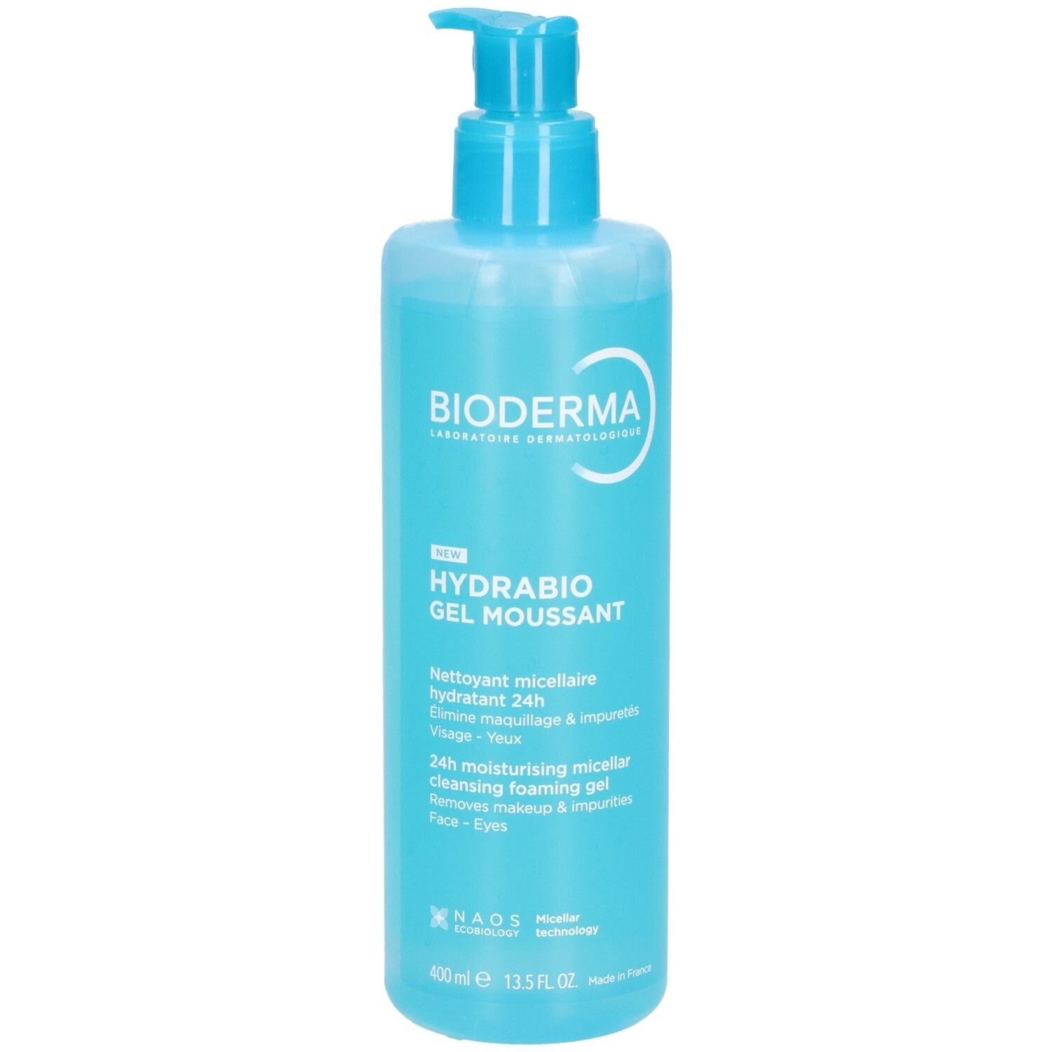Blau-transparente Flasche mit Dosierpumpe. Aufschrift: Bioderma, Hydrabio Gel Moussant. Text in Französisch und Englisch.