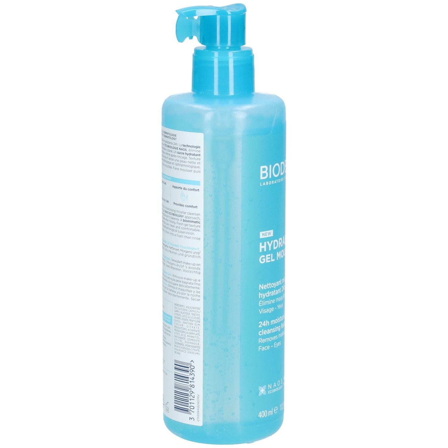 Rückansicht der blauen Flasche mit Dosierpumpe. Text in mehreren Sprachen. Aufschrift: Bioderma, Hydrabio Gel Moussant.