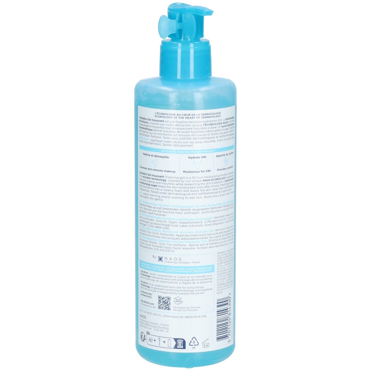 Rückansicht der blauen Flasche mit Dosierpumpe. Text in mehreren Sprachen. Aufschrift: Bioderma, Hydrabio Gel Moussant.