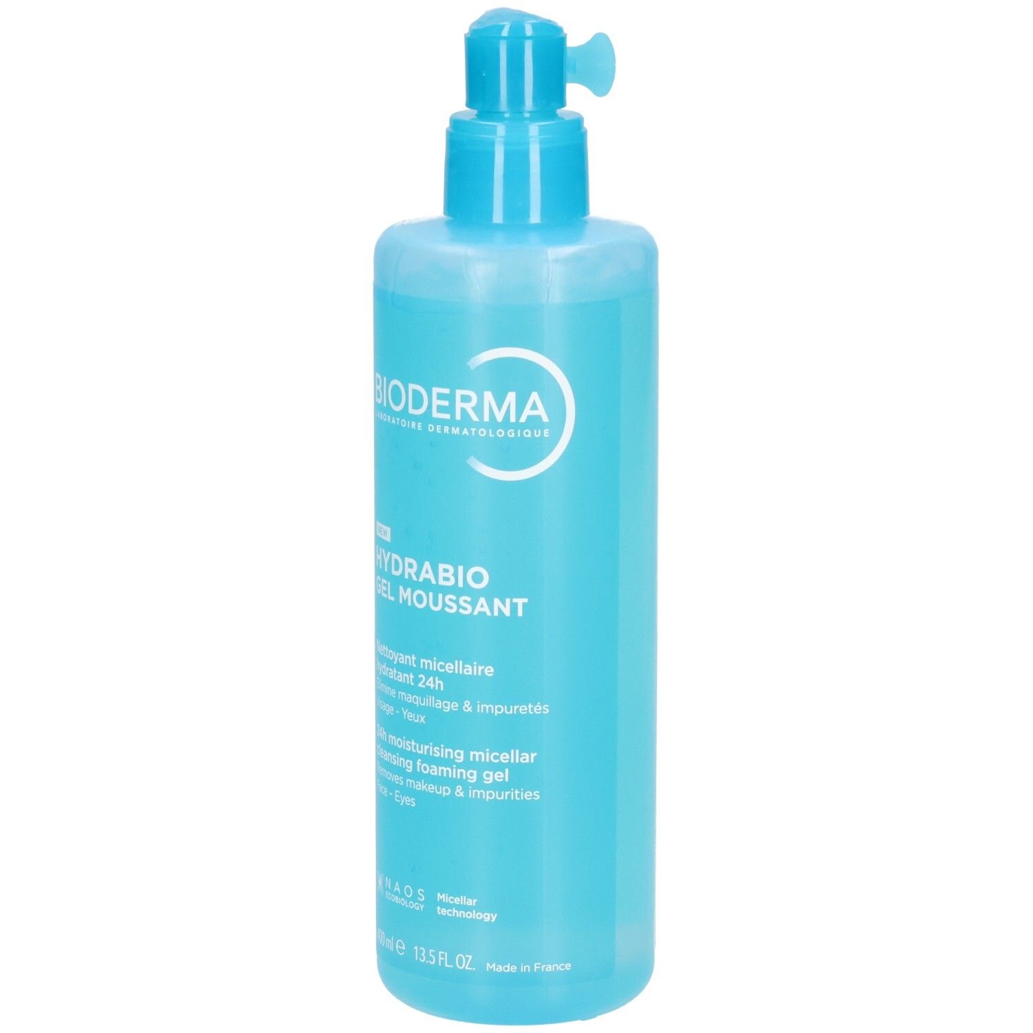 Blau-transparente Flasche mit Dosierpumpe. Aufschrift: Bioderma, Hydrabio Gel Moussant. Text in Französisch und Englisch.