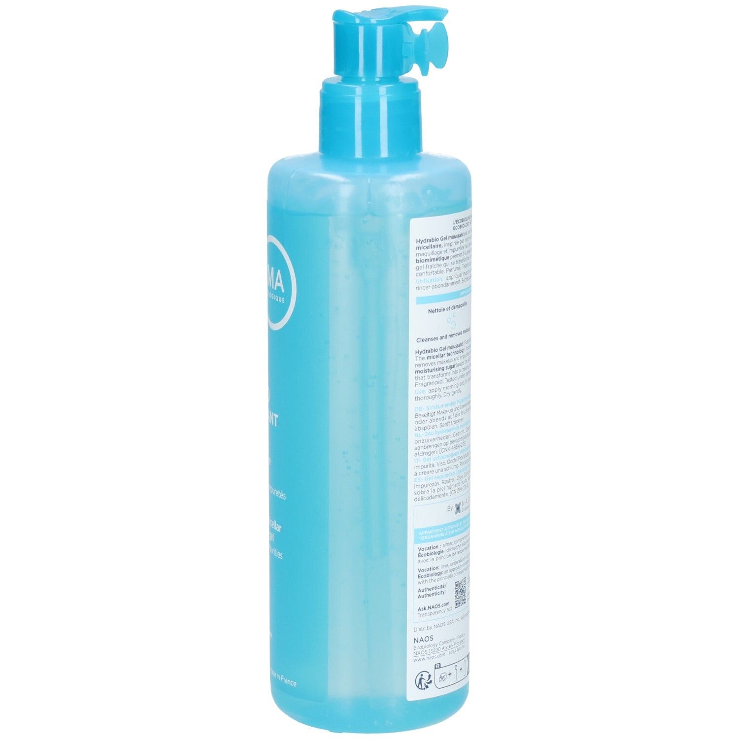 Rückansicht der blauen Flasche mit Dosierpumpe. Text in mehreren Sprachen. Aufschrift: Bioderma, Hydrabio Gel Moussant.