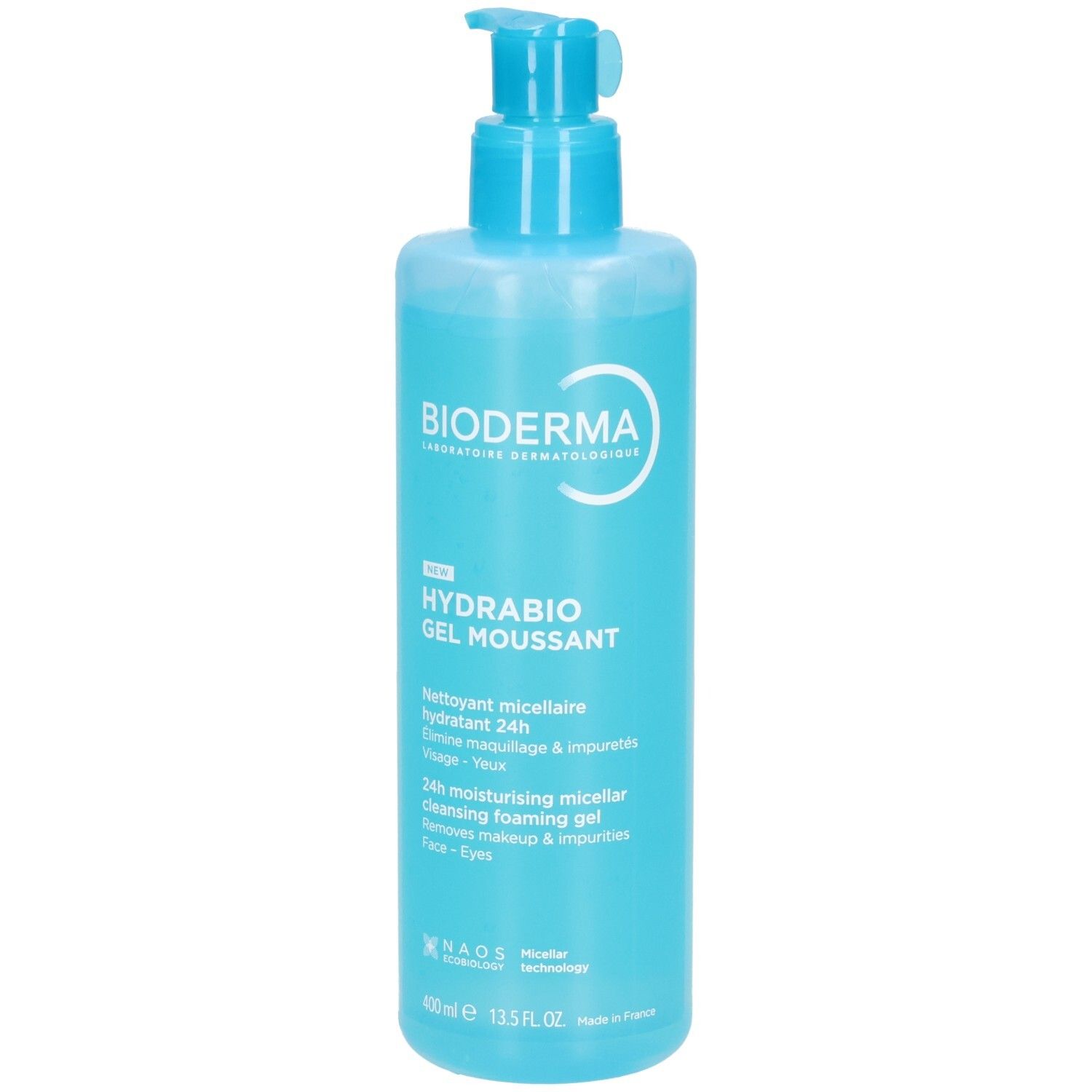 Blau-transparente Flasche mit Dosierpumpe. Aufschrift: Bioderma, Hydrabio Gel Moussant. Text in Französisch und Englisch.