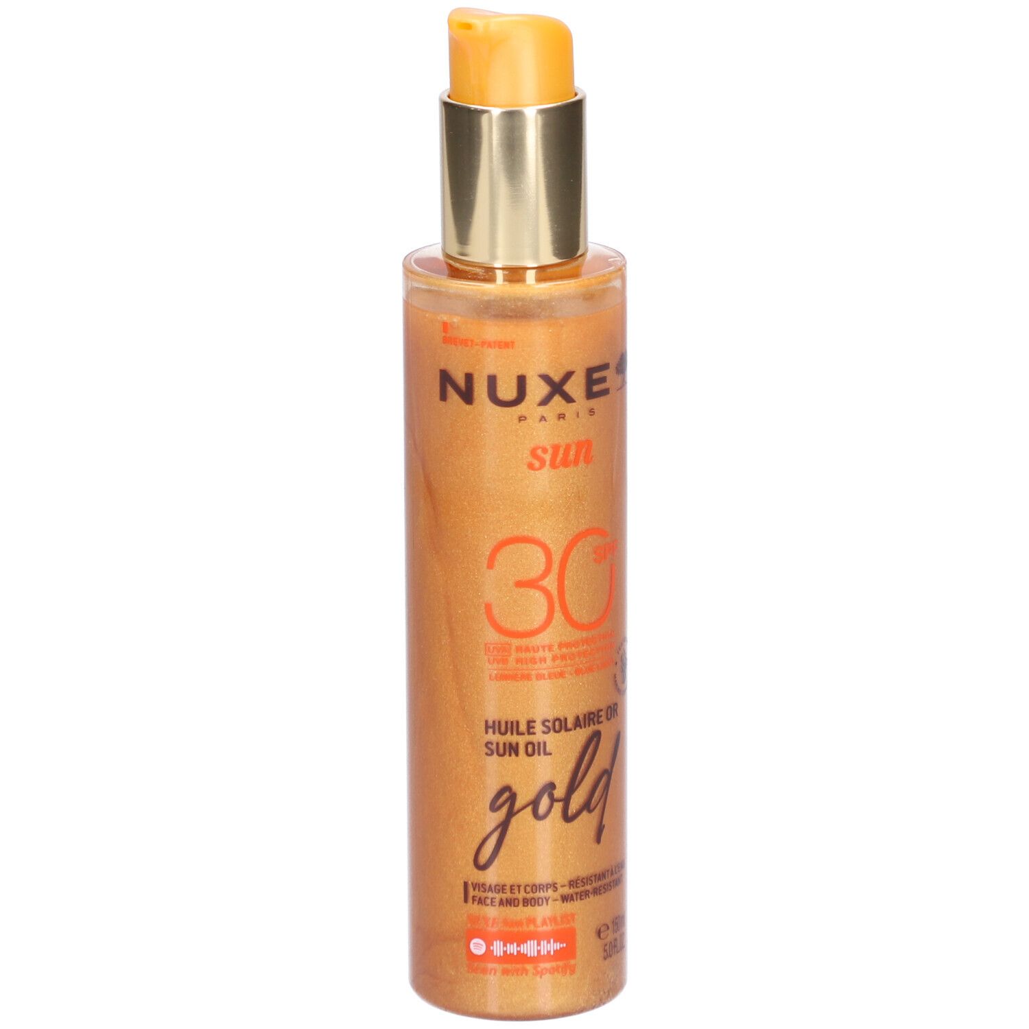 Nuxe Sonnenöl Gold mit LSF 30, goldfarbene Flüssigkeit in transparenter Flasche mit Pumpspender.