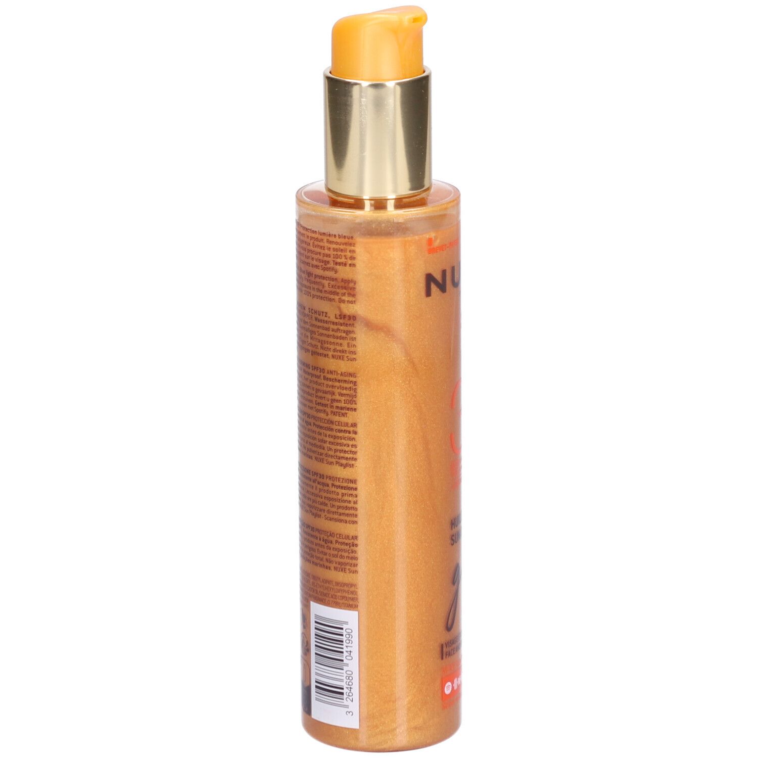 Rückseite der Nuxe Sonnenöl Gold Flasche mit Produktinformationen und Barcode.