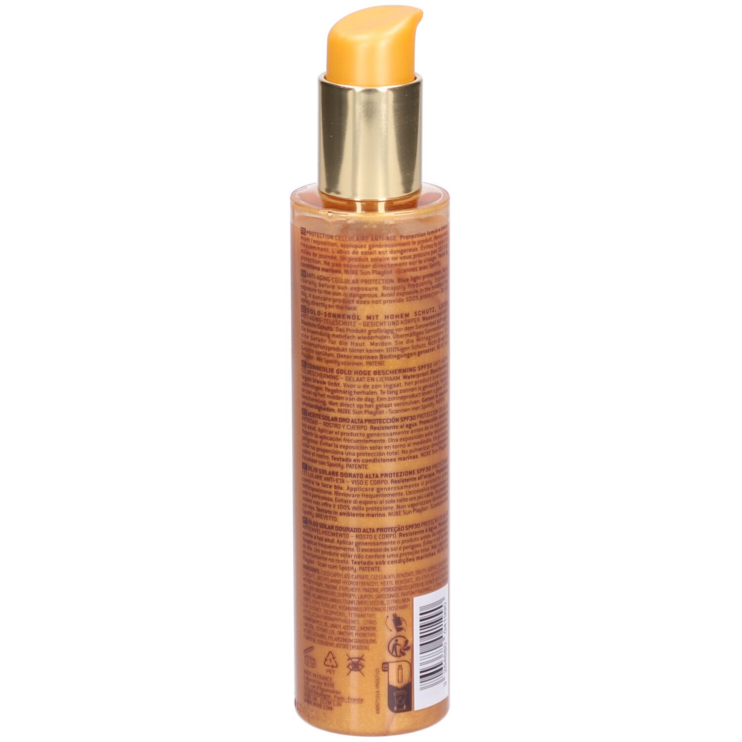 Rückseite der Nuxe Sonnenöl Gold Flasche mit detaillierten Anwendungshinweisen und Inhaltsstoffen.