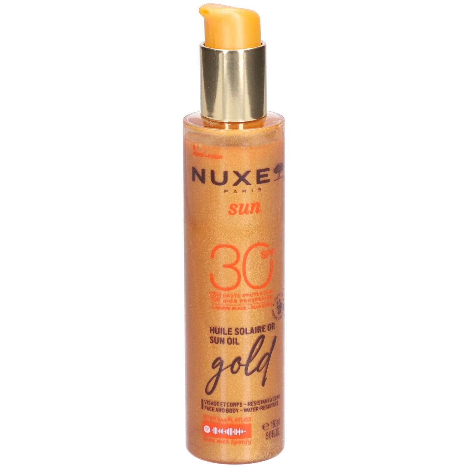 Nuxe Sonnenöl Gold LSF 30, goldfarbene Flüssigkeit in transparenter Flasche mit Pumpspender, Vorderansicht.