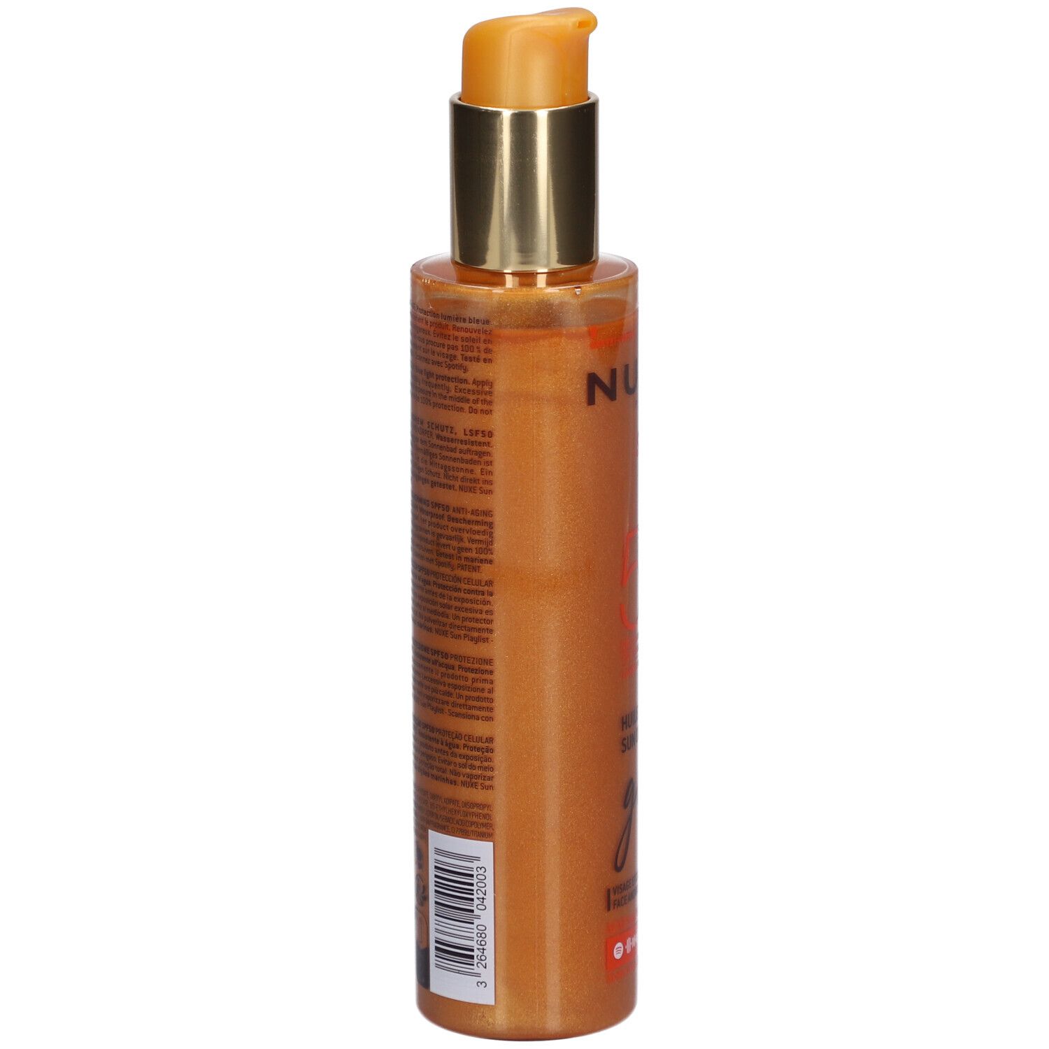 Rückseite Nuxe Sun Sonnenöl Gold LSF 50. Flaschenetikett mit Produktinformationen und Barcode.