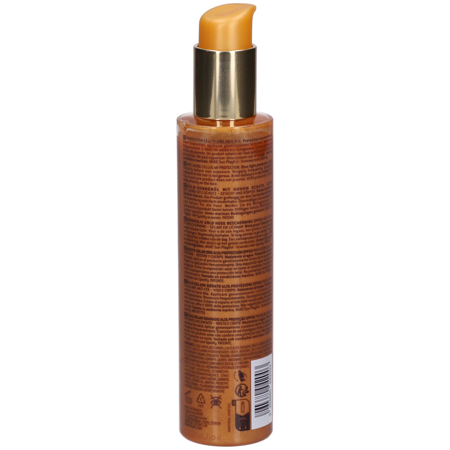 Rückseite Nuxe Sun Sonnenöl Gold LSF 50. Flaschenetikett mit detaillierten Produktinformationen.