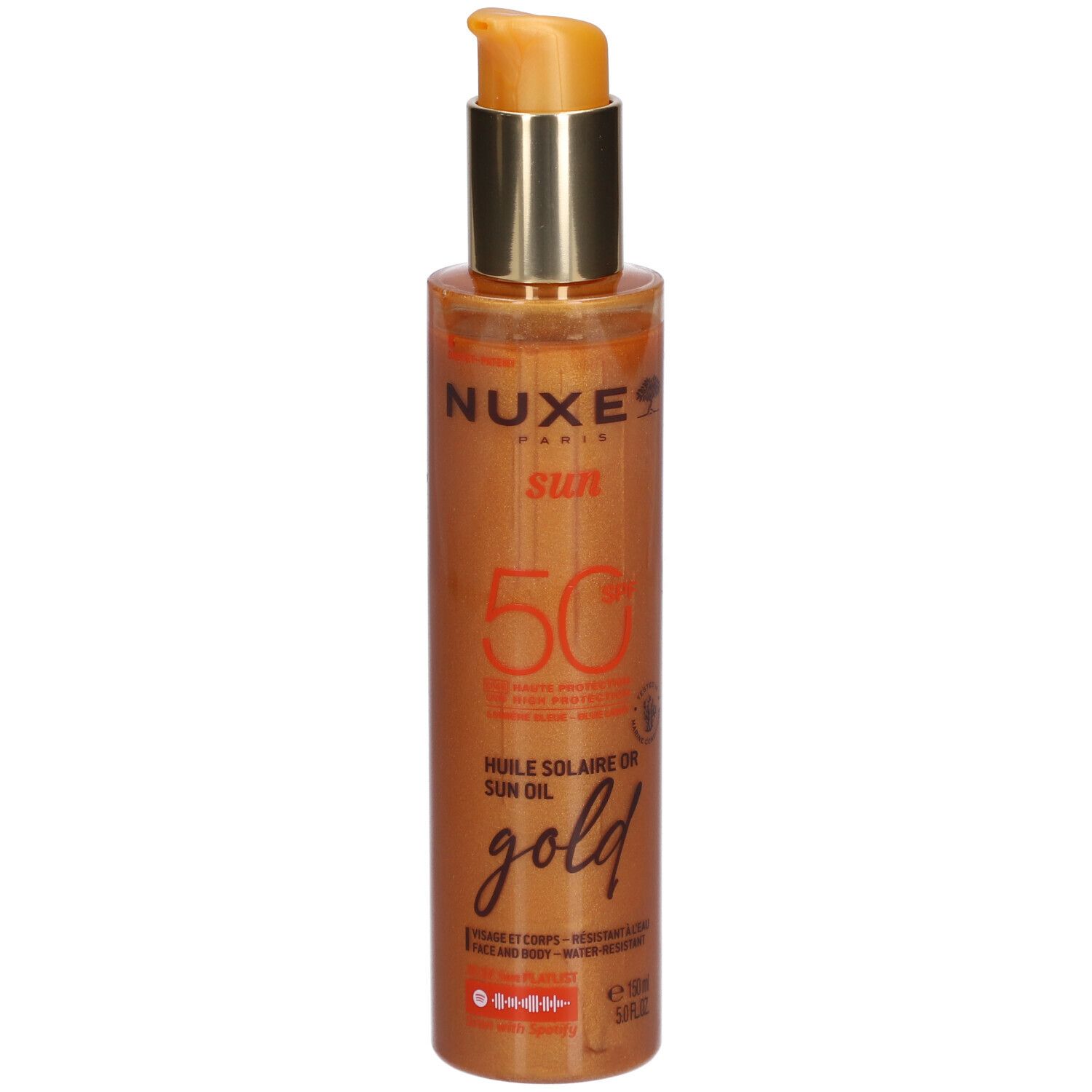 Nuxe Sun Sonnenöl Gold LSF 50 mit Pumpspender. Goldfarbene Flüssigkeit in transparenter Flasche.