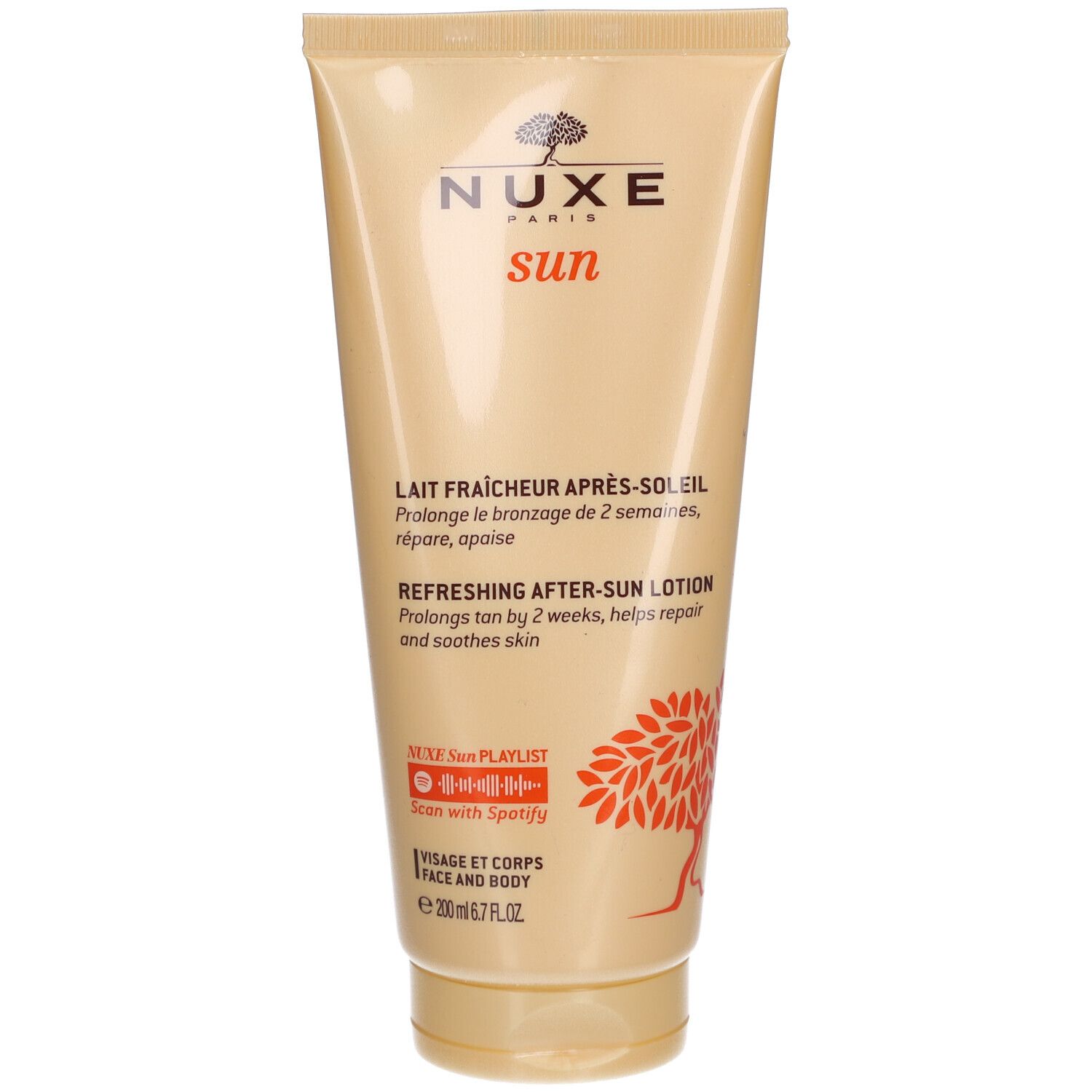Tube beige Nuxe Sun. Lait Fraîcheur Après-Soleil. Texte en français et anglais. Visage et corps. 200 ml.