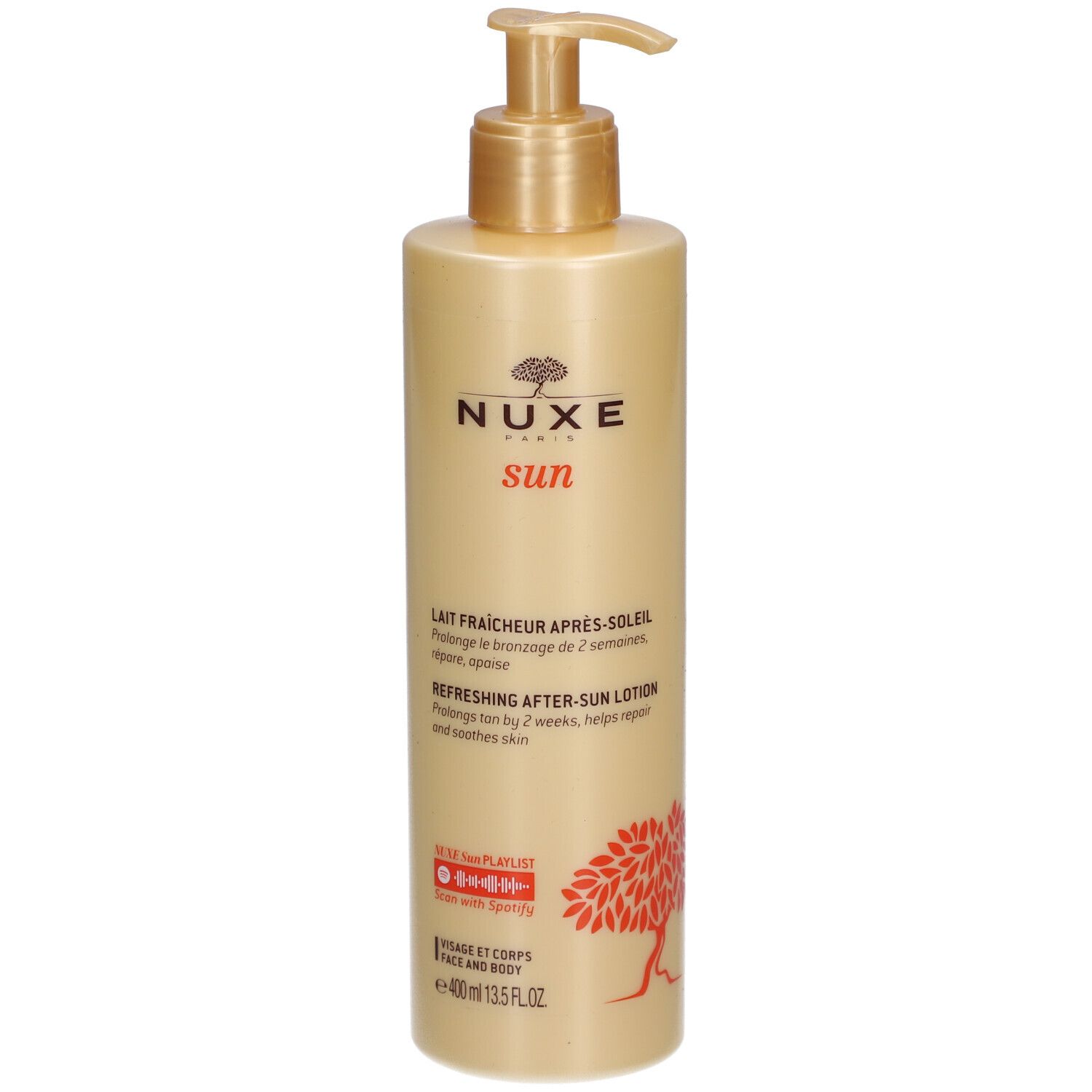 Flacon beige avec pompe dorée. Inscriptions: Nuxe Sun, Lait Fraîcheur Après-Soleil, Refreshing After-Sun Lotion.