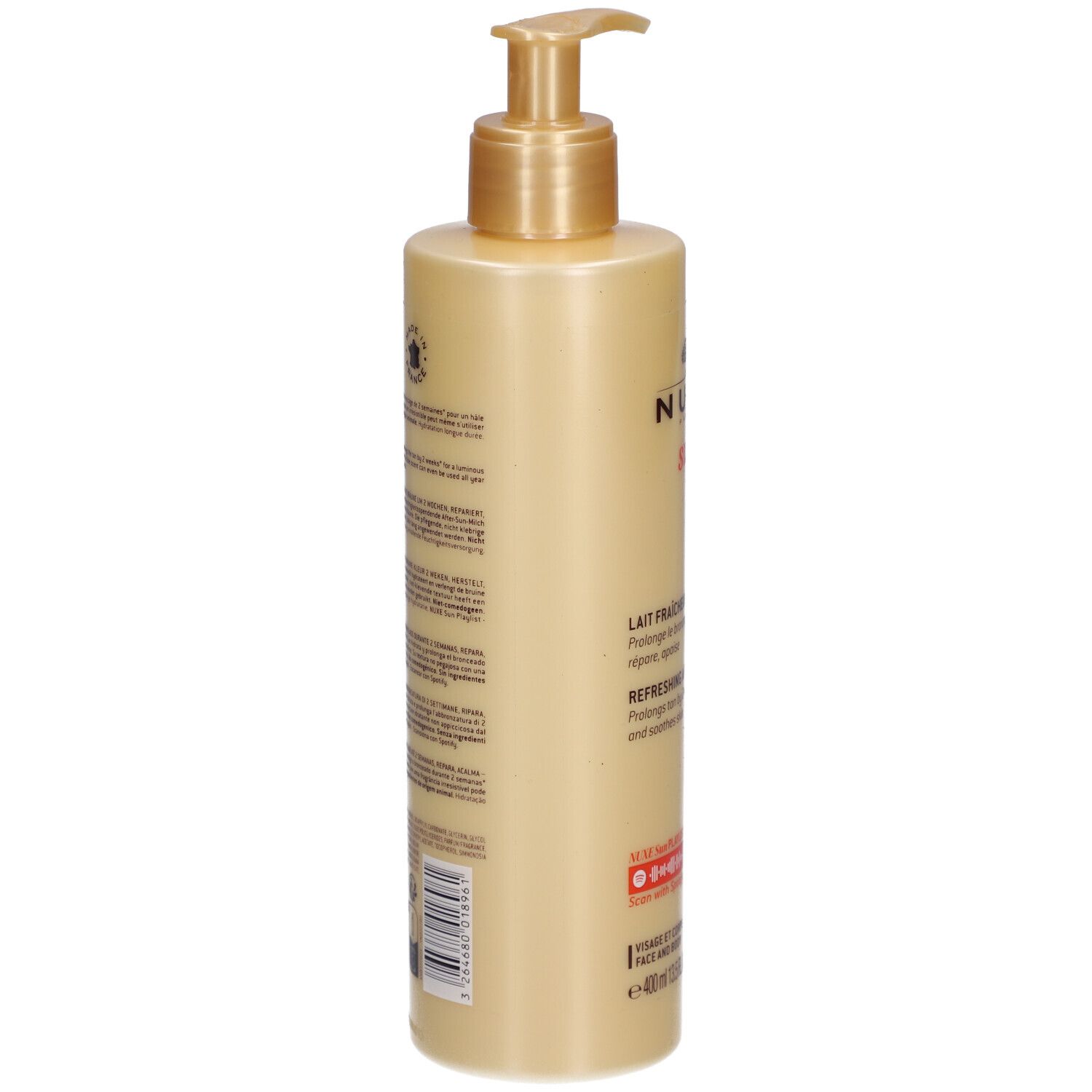 Flacon de lotion beige, vue latérale. Inscriptions et texte. Code-barres en bas. Pompe dorée.