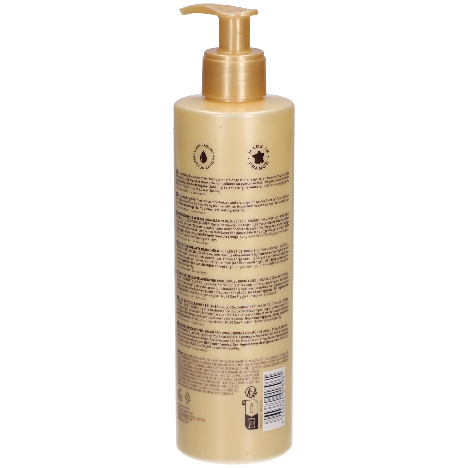 Flacon de lotion beige, dos. Texte et logos. Pompe dorée.