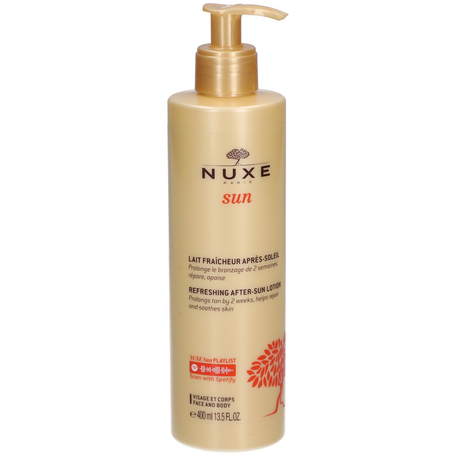 Flacon beige avec pompe dorée. Inscriptions: Nuxe Sun, Lait Fraîcheur Après-Soleil, Refreshing After-Sun Lotion.