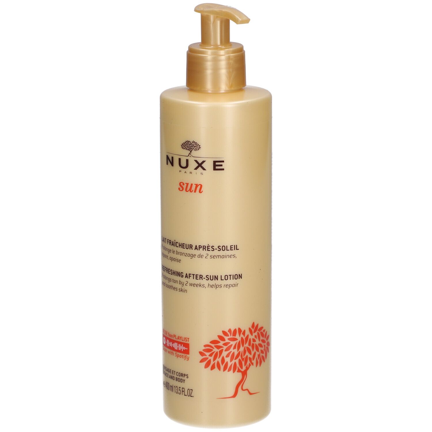 Flacon beige avec pompe dorée. Inscriptions: Nuxe Sun, Lait Fraîcheur Après-Soleil, Refreshing After-Sun Lotion.