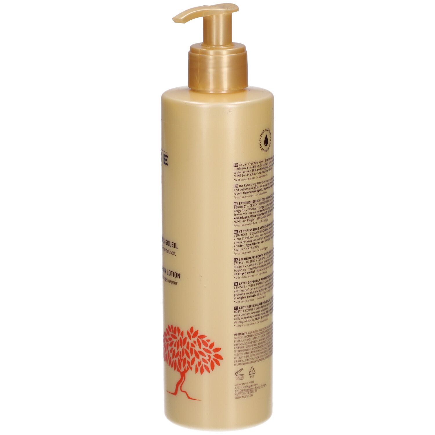 Flacon de lotion beige, dos. Texte et logos. Pompe dorée.