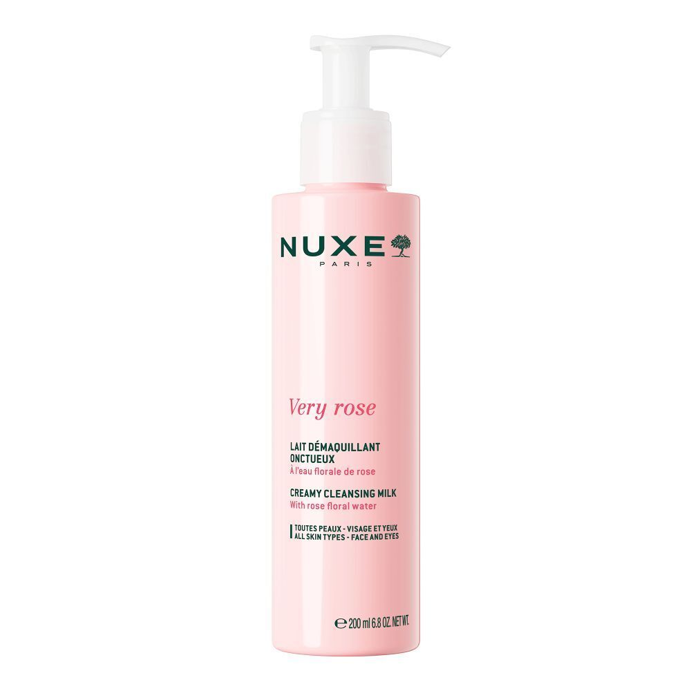 Roze fles met pomp. Opschrift: Nuxe, Very Rose, Reinigingsmelk. Voor alle huidtypes.