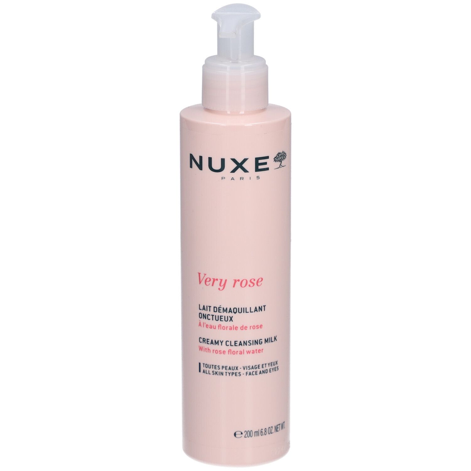 Roze fles met pomp. Opschrift: Nuxe, Very Rose, Reinigingsmelk. Voor alle huidtypes.